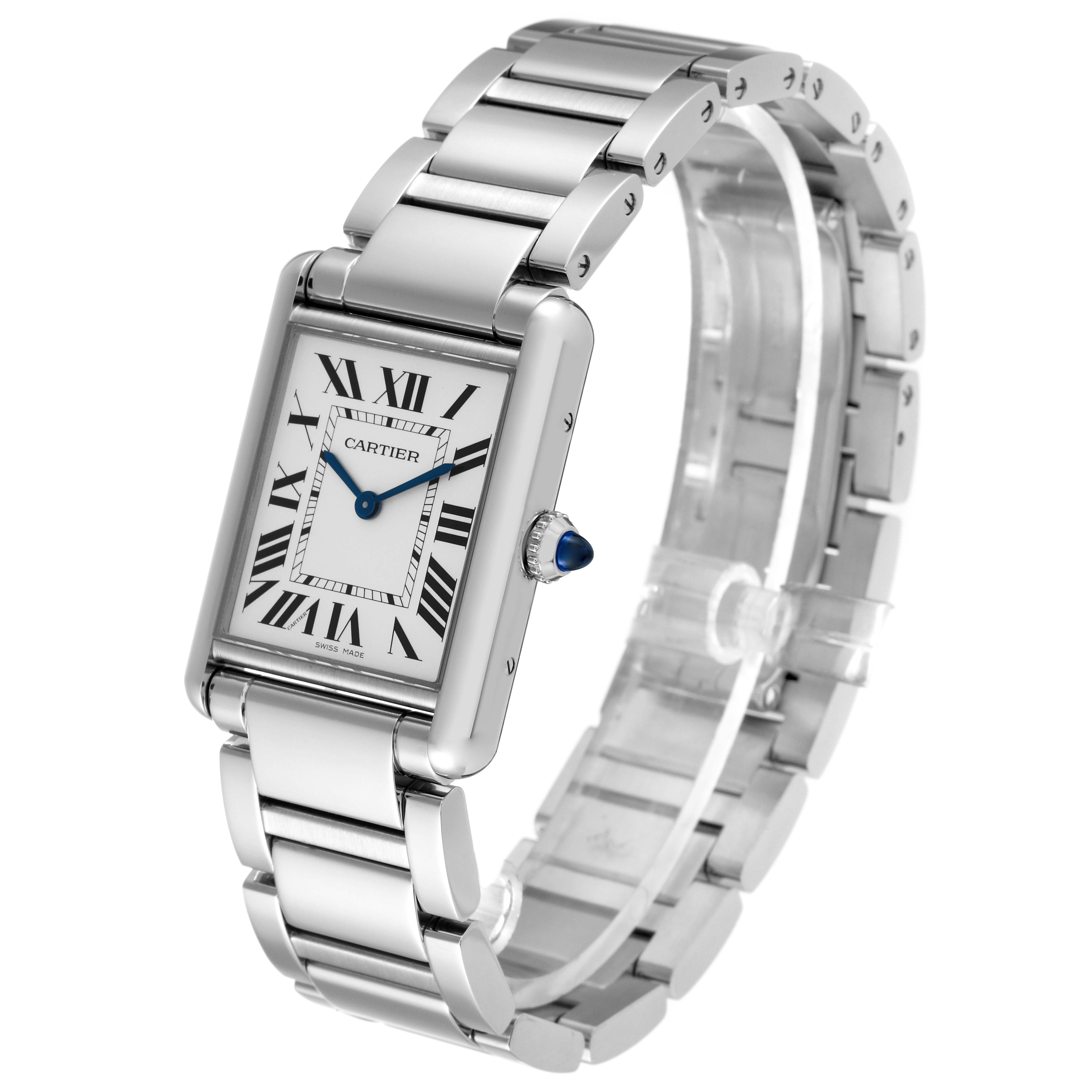 The image shows a Cartier Tank Must WSTA0052 Women's Stainless Steel Silver Dial WSTA0052 Women's Stainless Steel Silver Dial watch at a three-quarter angle, highlighting the face, bracelet, and crown.