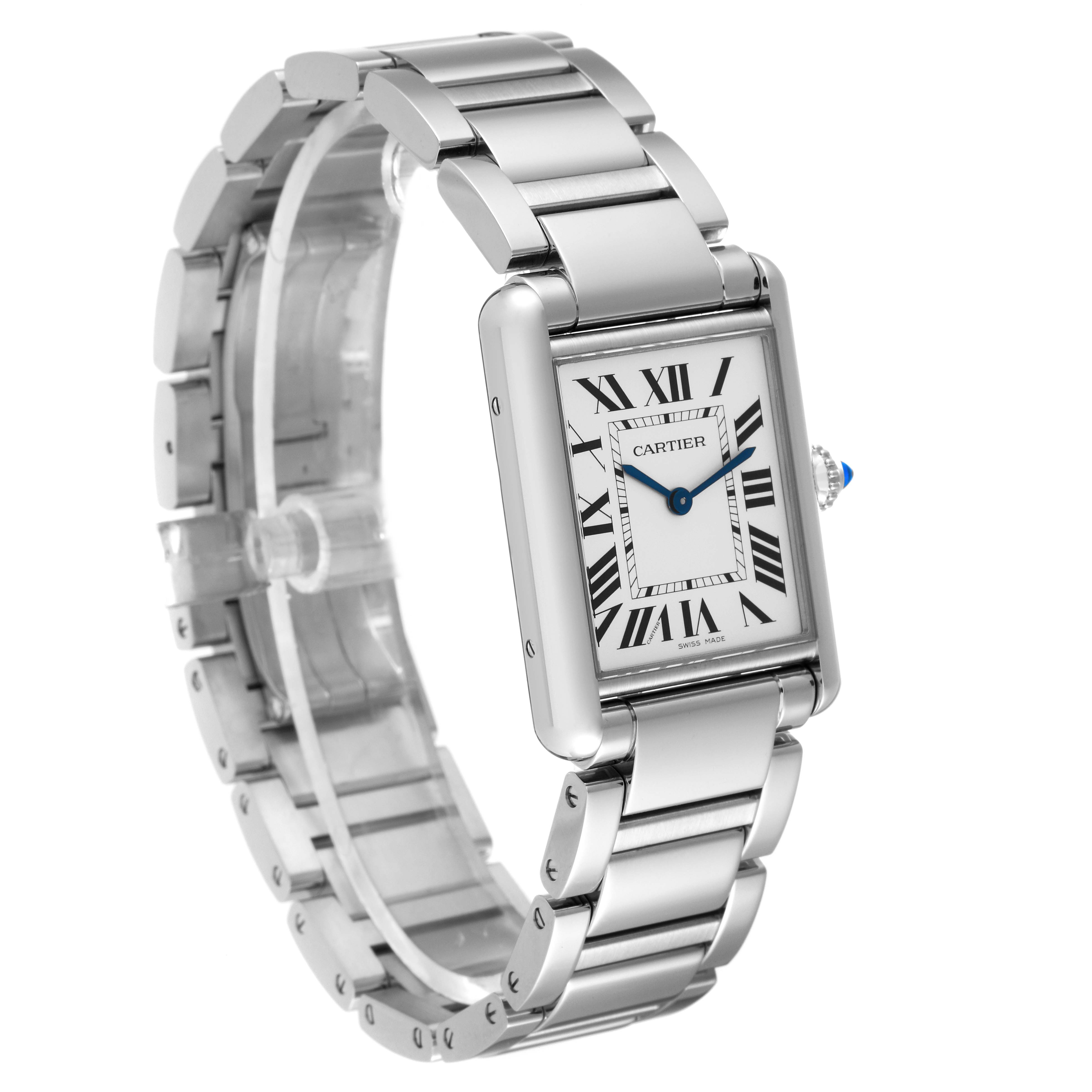 The image shows a Cartier Tank Must WSTA0052 Women's Stainless Steel Silver Dial WSTA0052 Women's Stainless Steel Silver Dial watch at a front-left angle, highlighting the face, bezel, and metal bracelet.