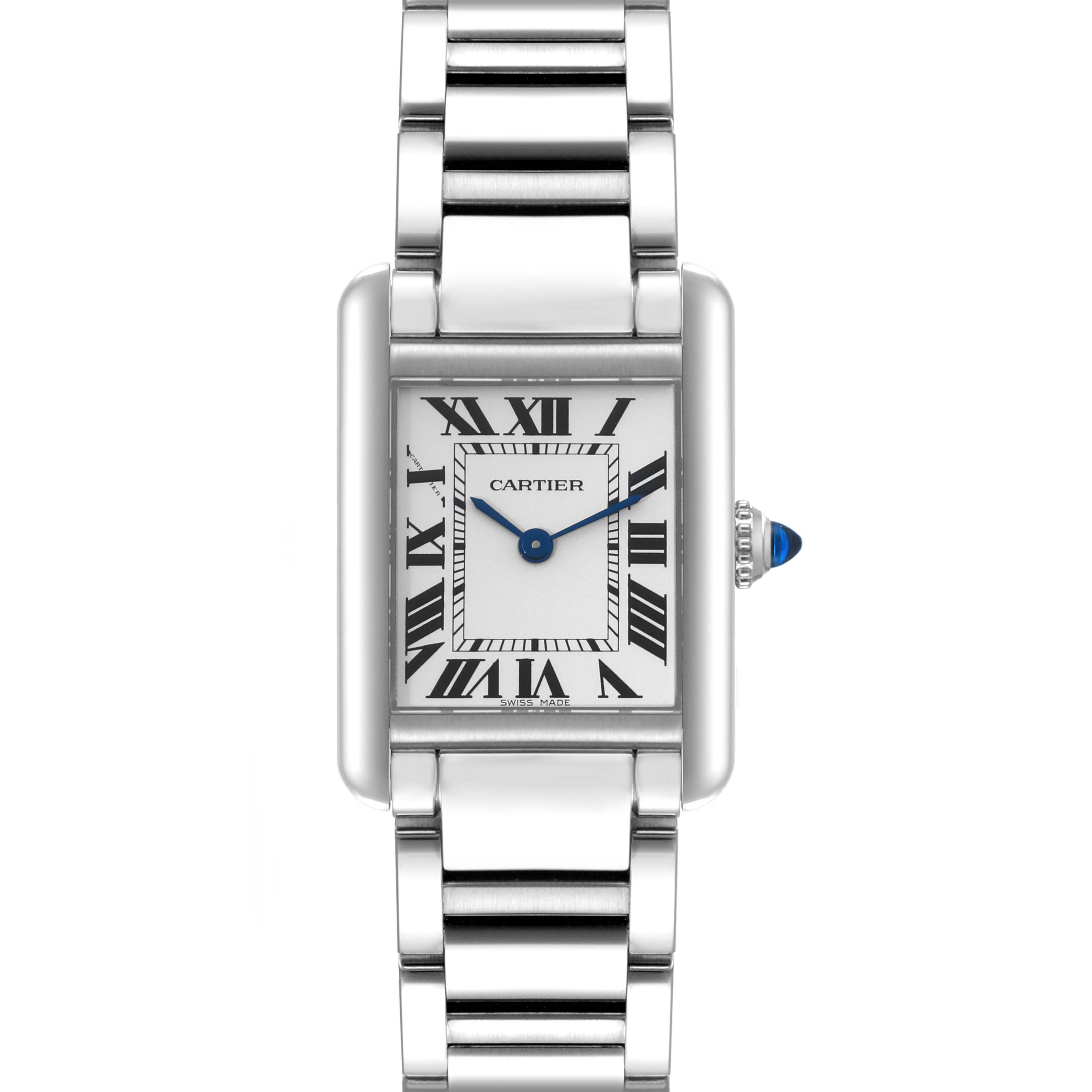 This Cartier Tank Solo WSTA0051 Women's Stainless Steel Silver Dial WSTA0051 Women's Stainless Steel Silver Dial watch is shown from the front, displaying the face, hands, and metal bracelet.