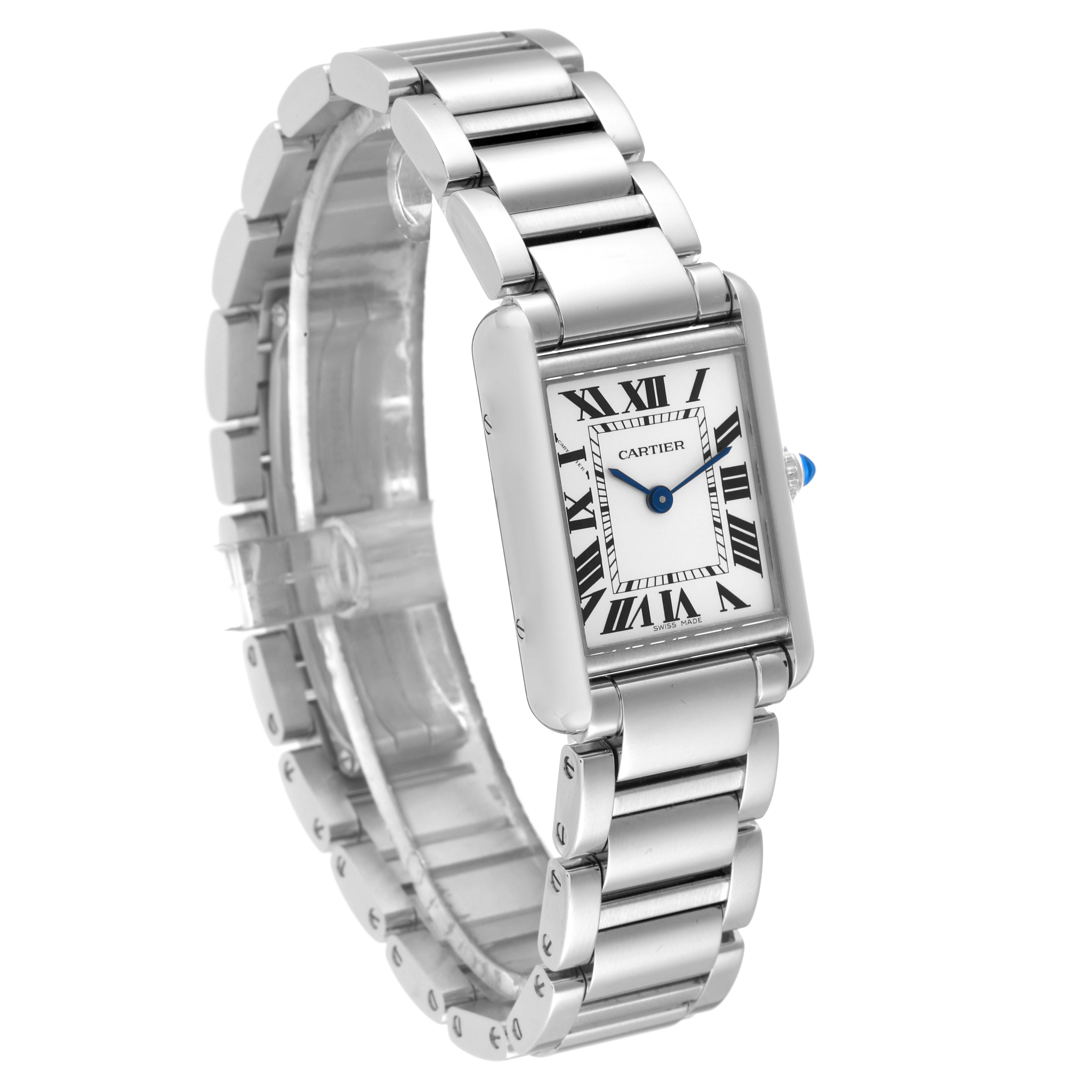 The Cartier Tank Solo WSTA0051 Women's Stainless Steel Silver Dial WSTA0051 Women's Stainless Steel Silver Dial watch is shown at a three-quarter angle, highlighting its rectangular face, roman numeral dial, and metal bracelet.