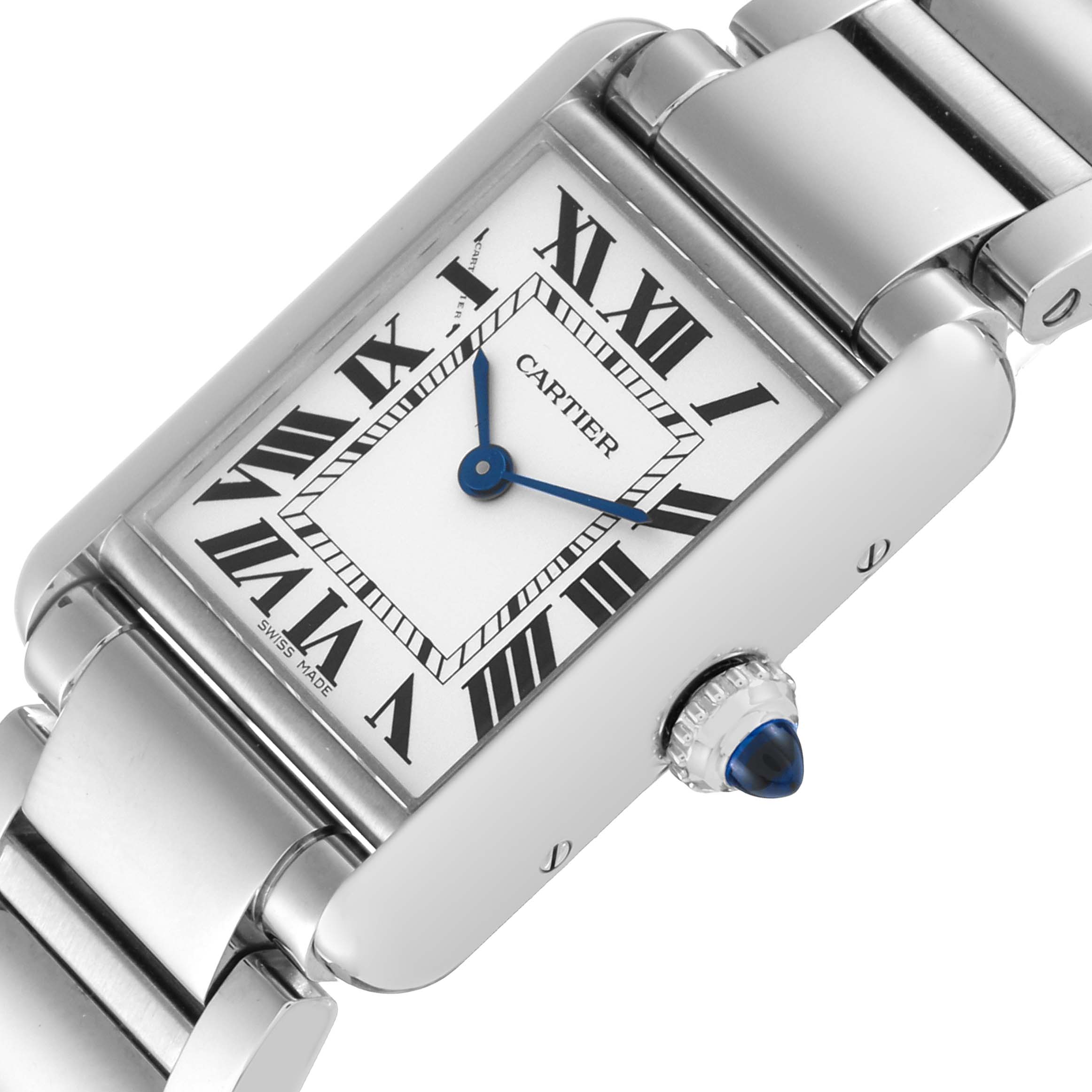 This image shows a Cartier Tank Solo WSTA0051 Women's Stainless Steel Silver Dial WSTA0051 Women's Stainless Steel Silver Dial watch face, crown, and part of the metal bracelet at an angled close-up view.