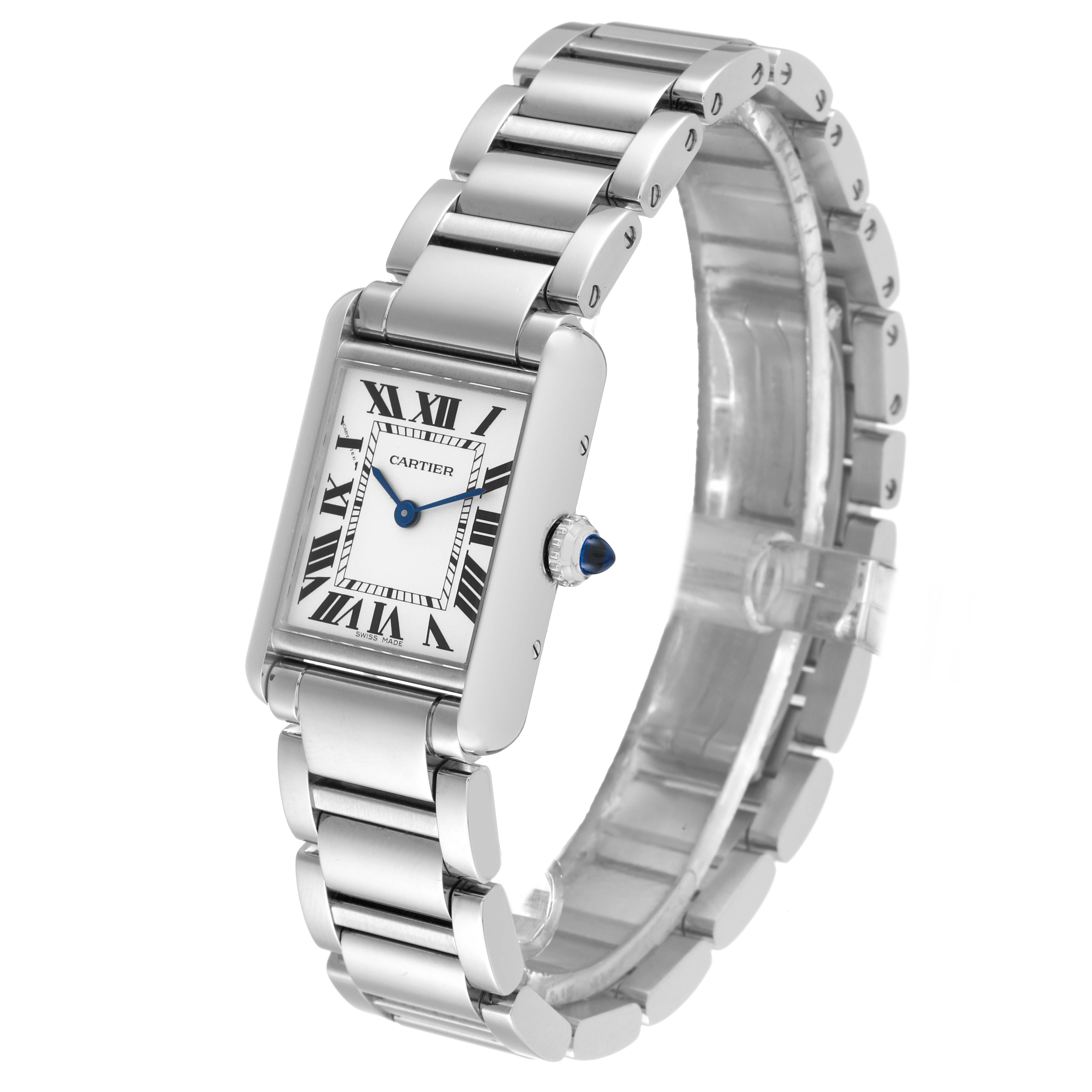 The image shows a side angle of a Cartier Tank Solo WSTA0051 Women's Stainless Steel Silver Dial WSTA0051 Women's Stainless Steel Silver Dial watch, highlighting its square face, Roman numerals, and metal bracelet.