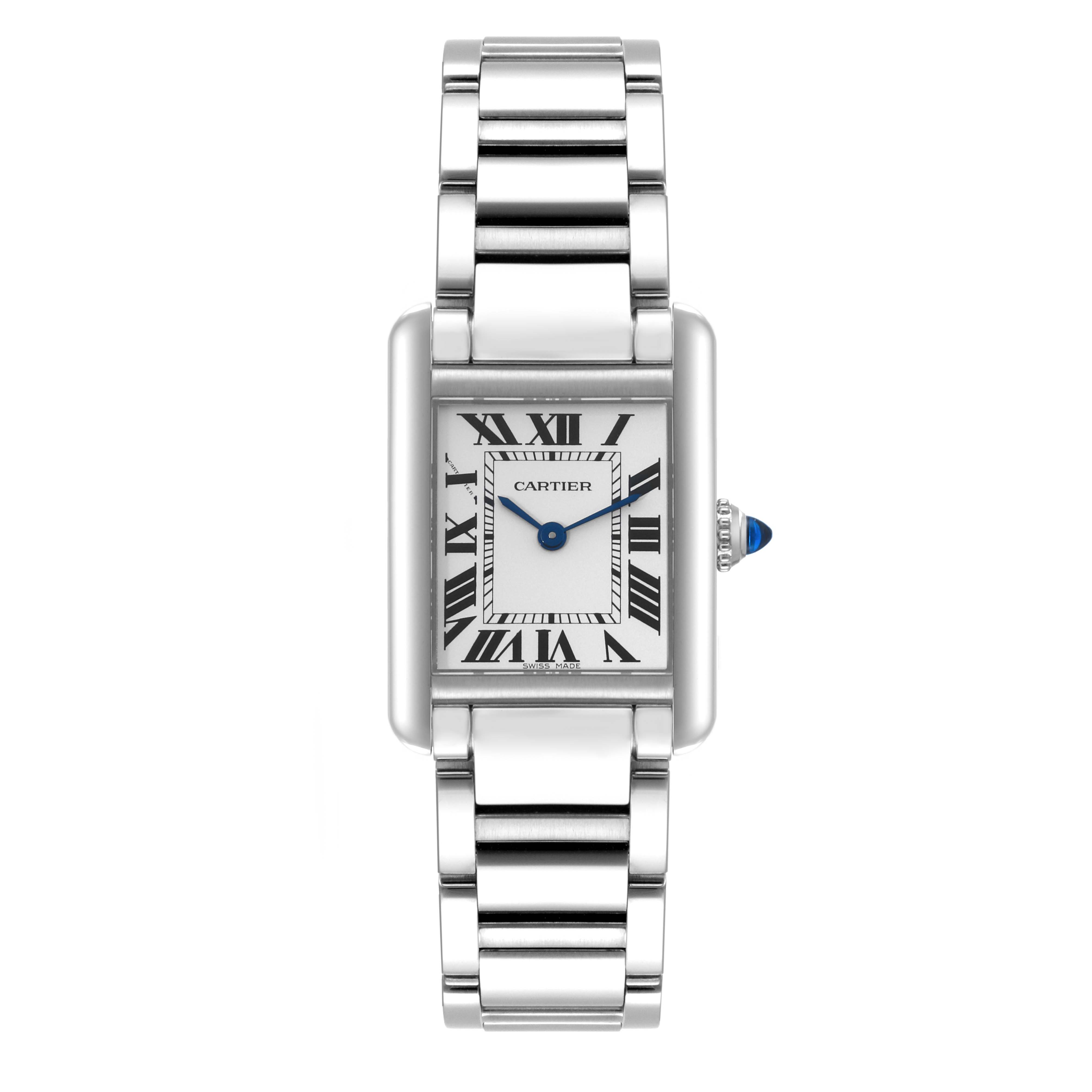 The image shows a Tank Solo model by Cartier from a top-down angle, highlighting the rectangular face, Roman numerals, and metal bracelet.