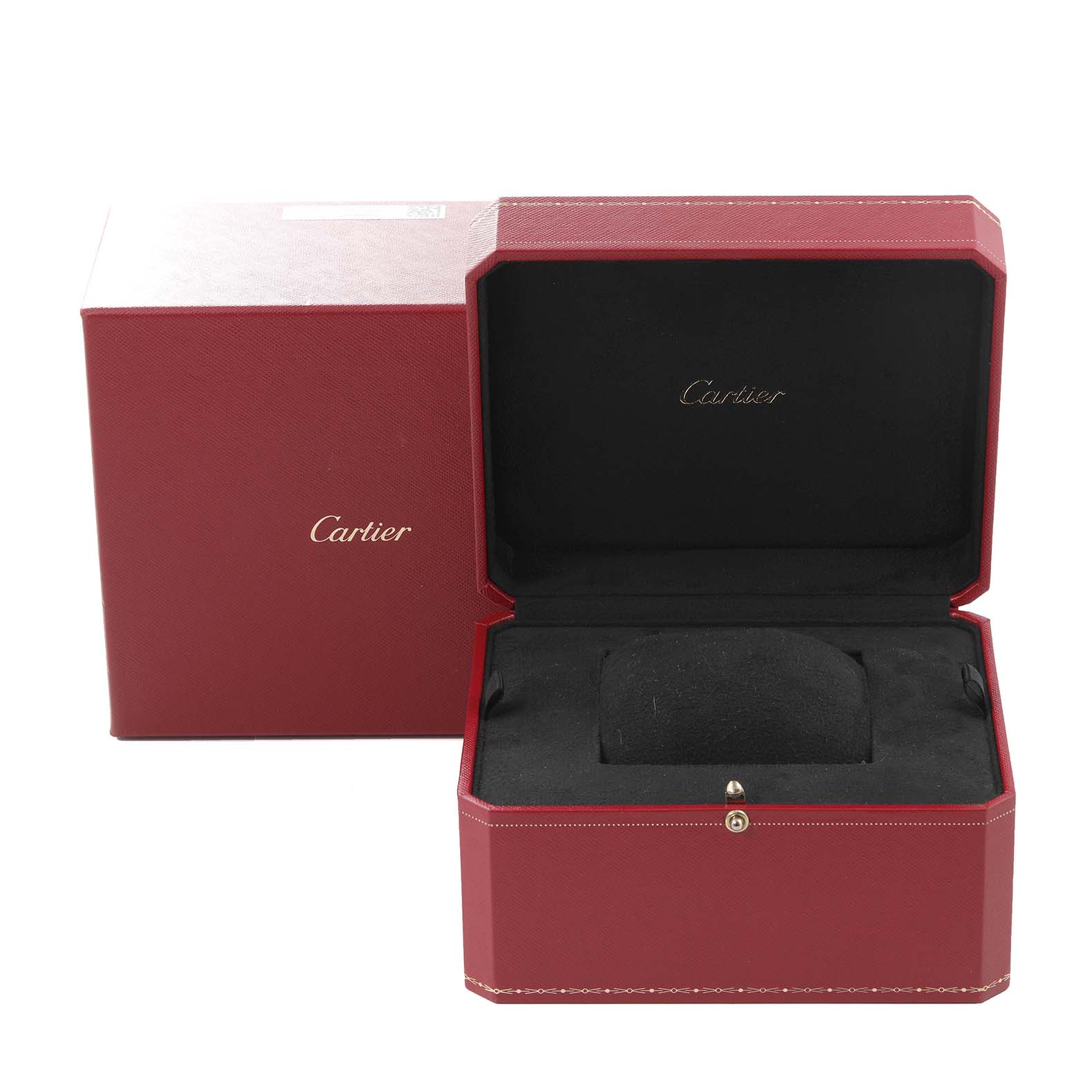 The image shows the open red box and outer packaging of a Cartier Tank Solo WSTA0051 Women's Stainless Steel Silver Dial WSTA0051 Women's Stainless Steel Silver Dial watch, without the watch inside.