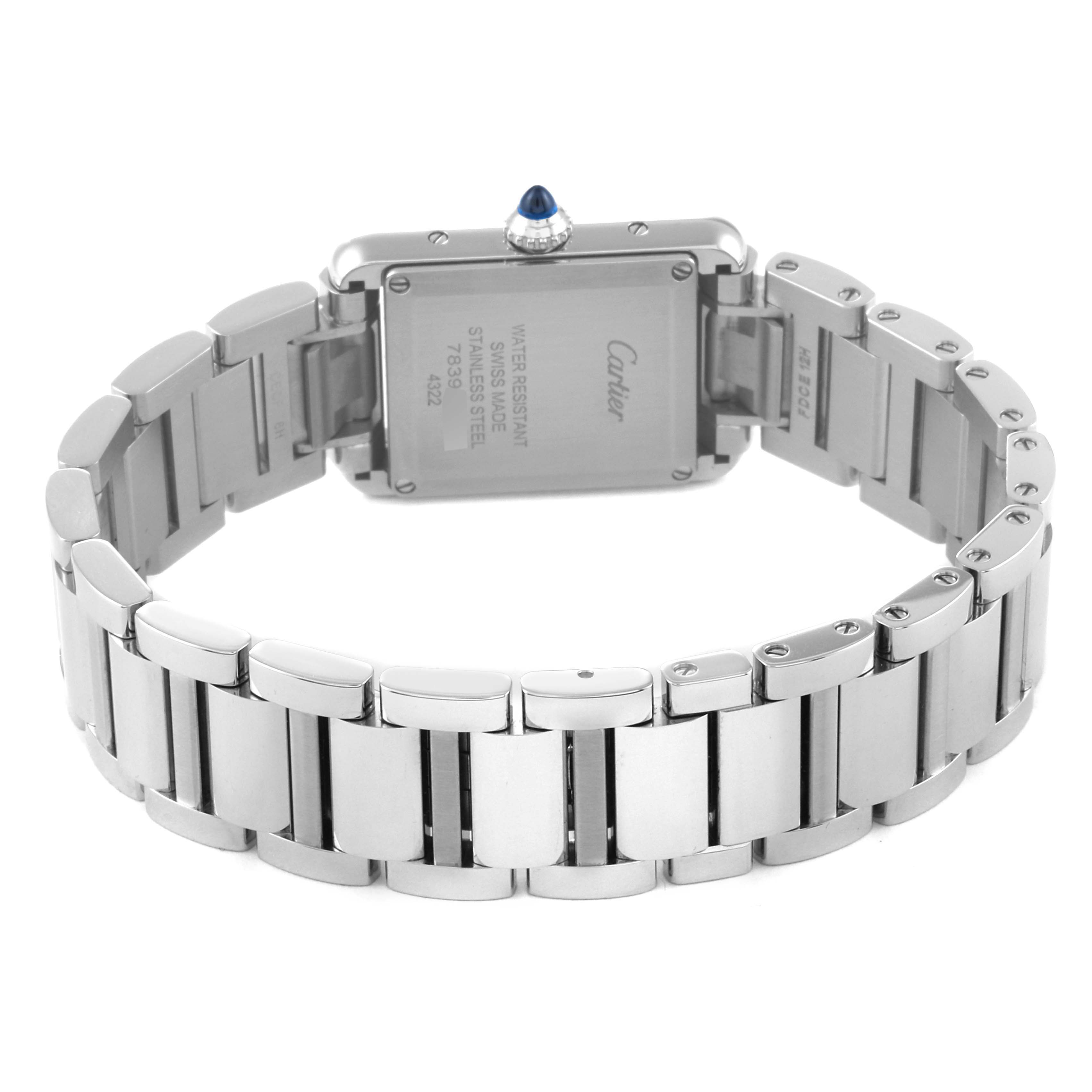 The image shows the back view of a Cartier Tank Solo WSTA0051 Women's Stainless Steel Silver Dial WSTA0051 Women's Stainless Steel Silver Dial watch, highlighting its stainless steel bracelet and case back.