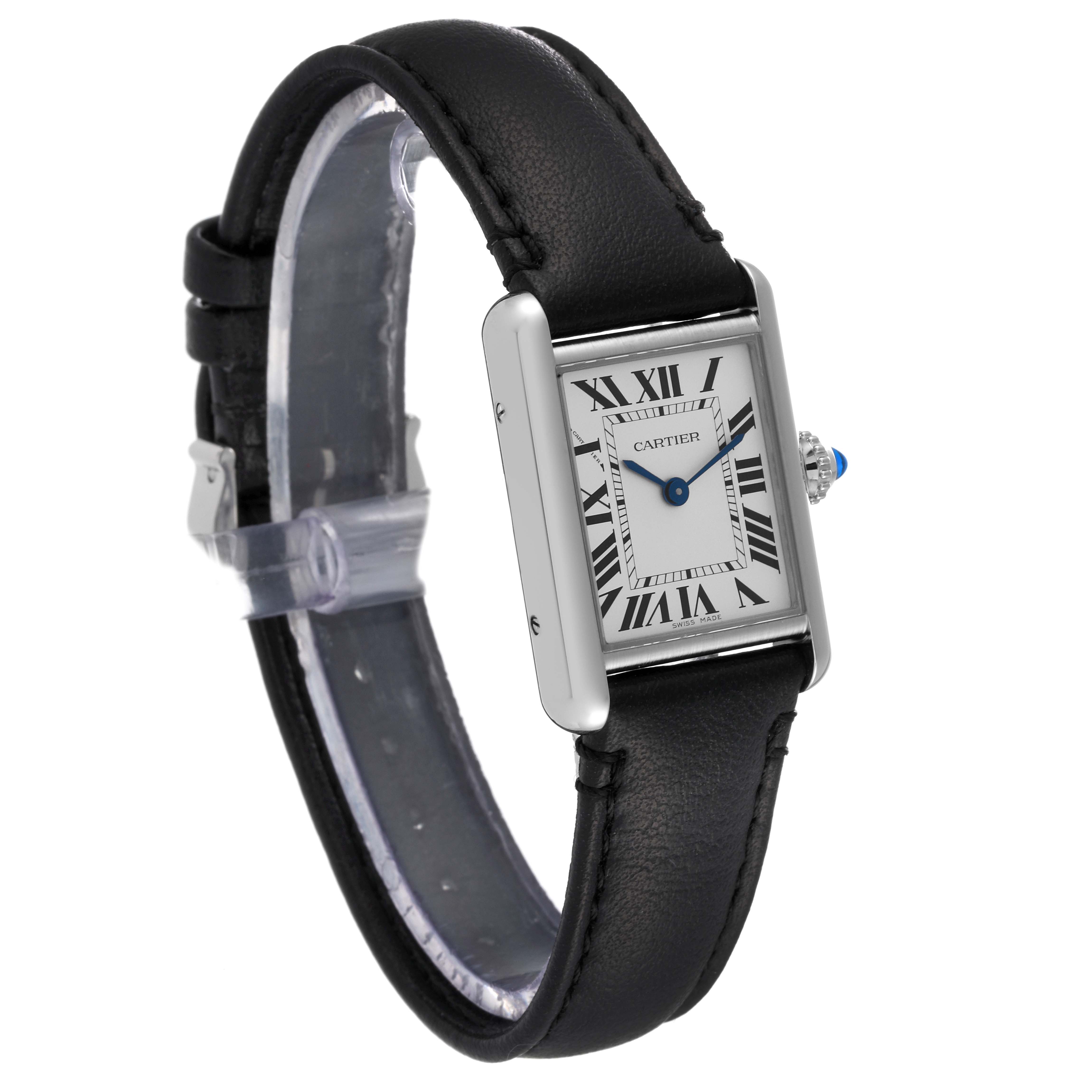 The Tank Solo model by Cartier is shown at a slight angle, highlighting its rectangular face, leather strap, and Roman numeral dial.