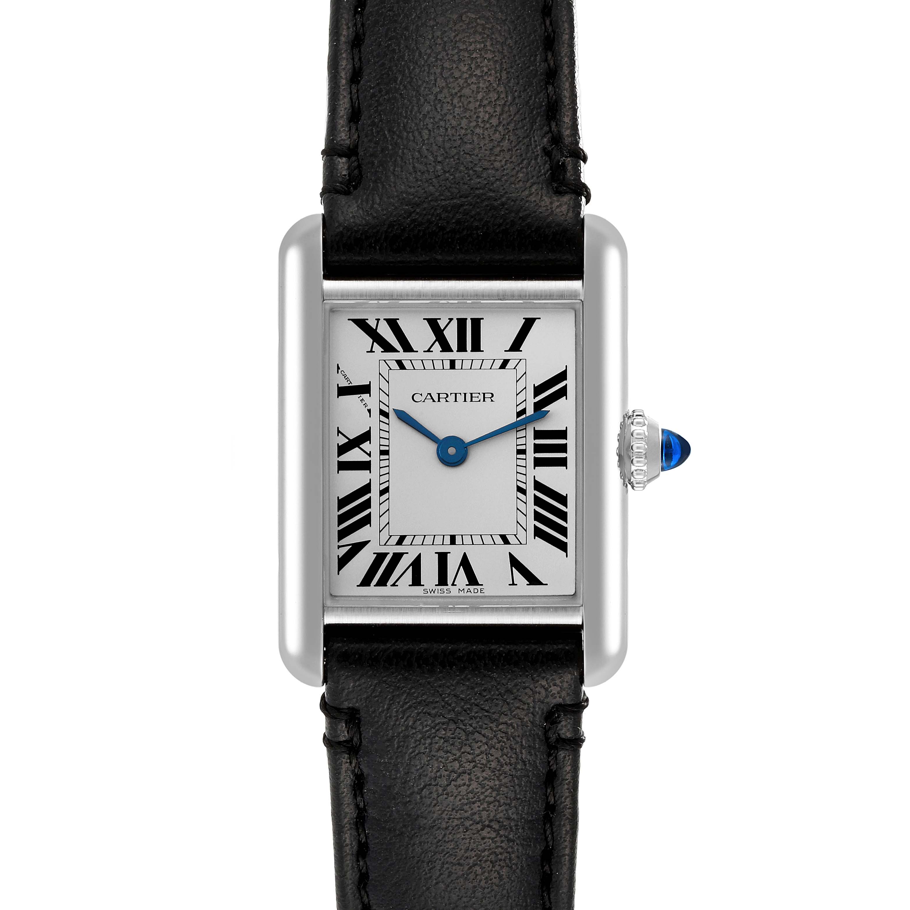 This image shows a frontal view of the Cartier Tank Solo WSTA0060 Women's Stainless Steel Silver Dial WSTA0060 Women's Stainless Steel Silver Dial watch, prominently displaying its face, Roman numerals, and black leather strap.
