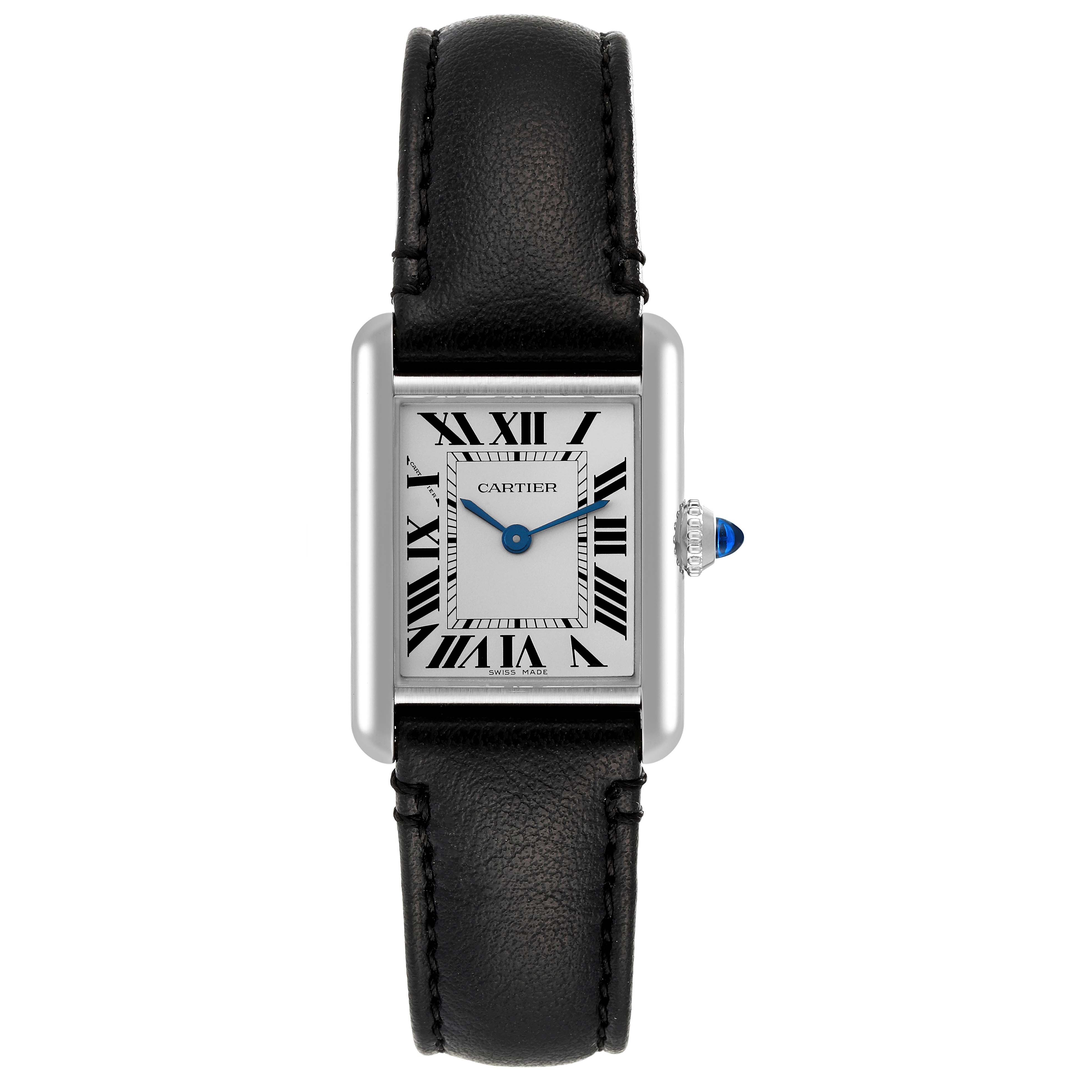The Cartier Tank Solo WSTA0060 Women's Stainless Steel Silver Dial WSTA0060 Women's Stainless Steel Silver Dial watch is shown from a top-down angle, displaying its face, Roman numerals, crown, and leather strap.