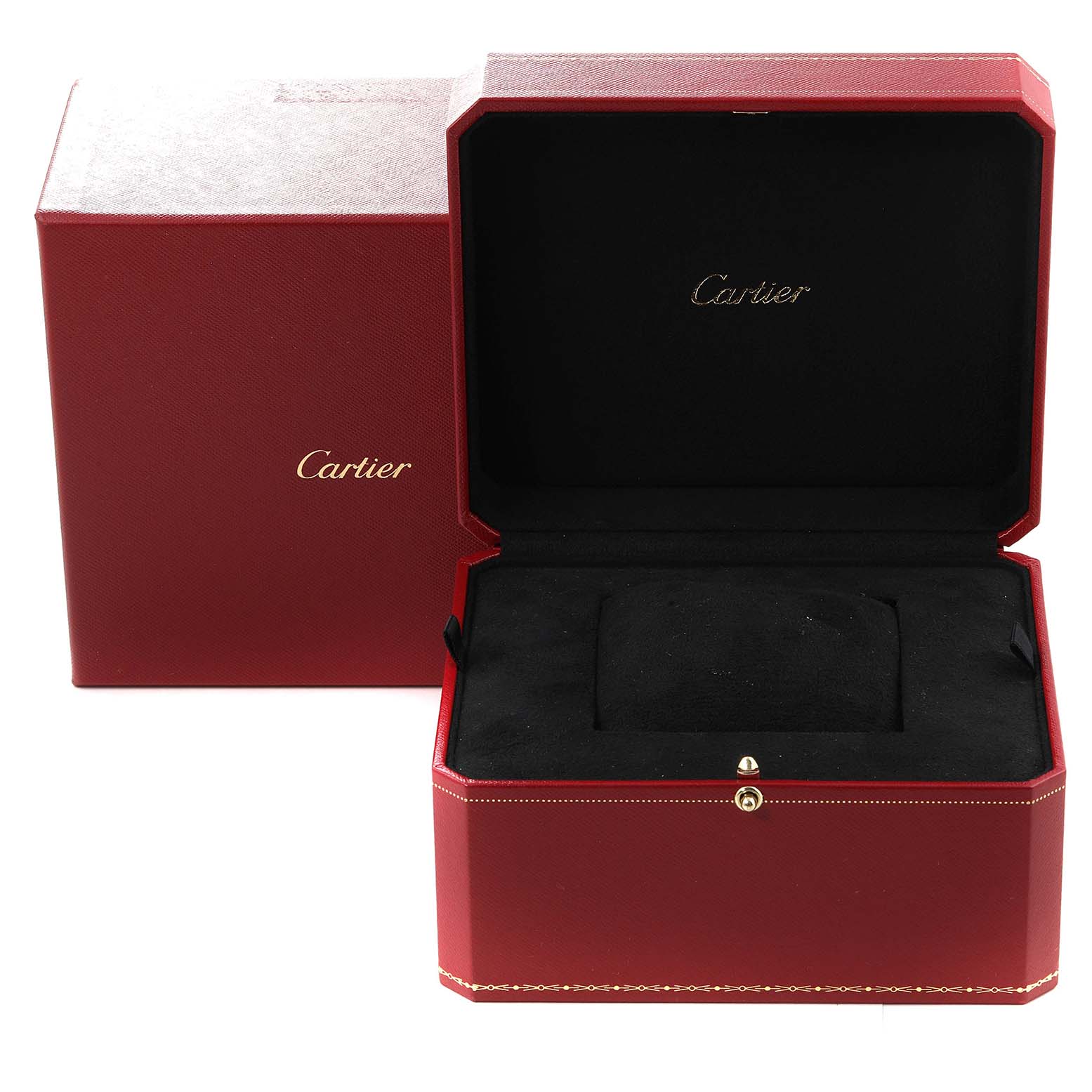 The image shows an open red Cartier watch box for the Tank Solo model, with the outer box visible behind it.