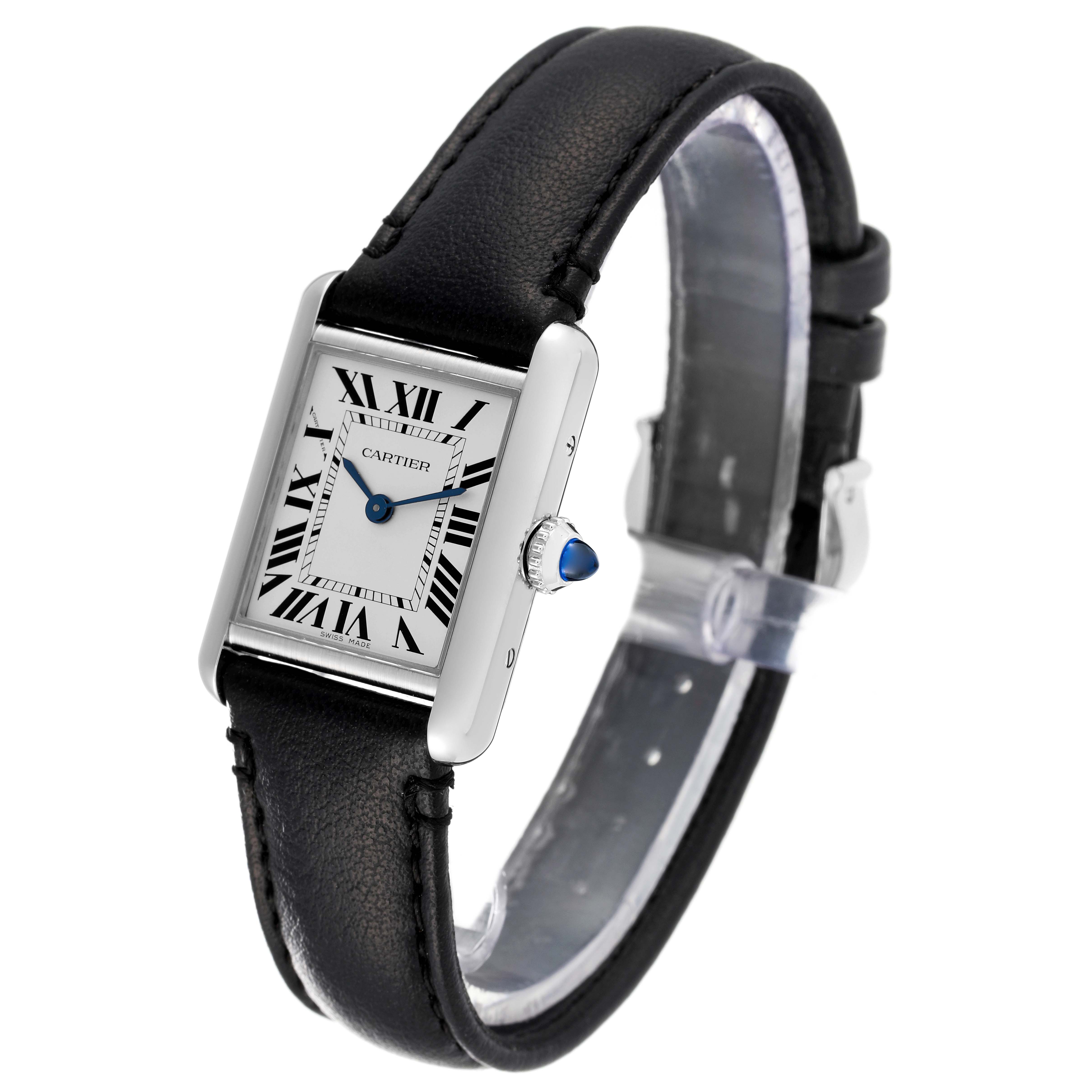 The image shows a Cartier Tank Solo WSTA0060 Women's Stainless Steel Silver Dial WSTA0060 Women's Stainless Steel Silver Dial watch at a slight angle, displaying its white dial, Roman numerals, and black leather strap.