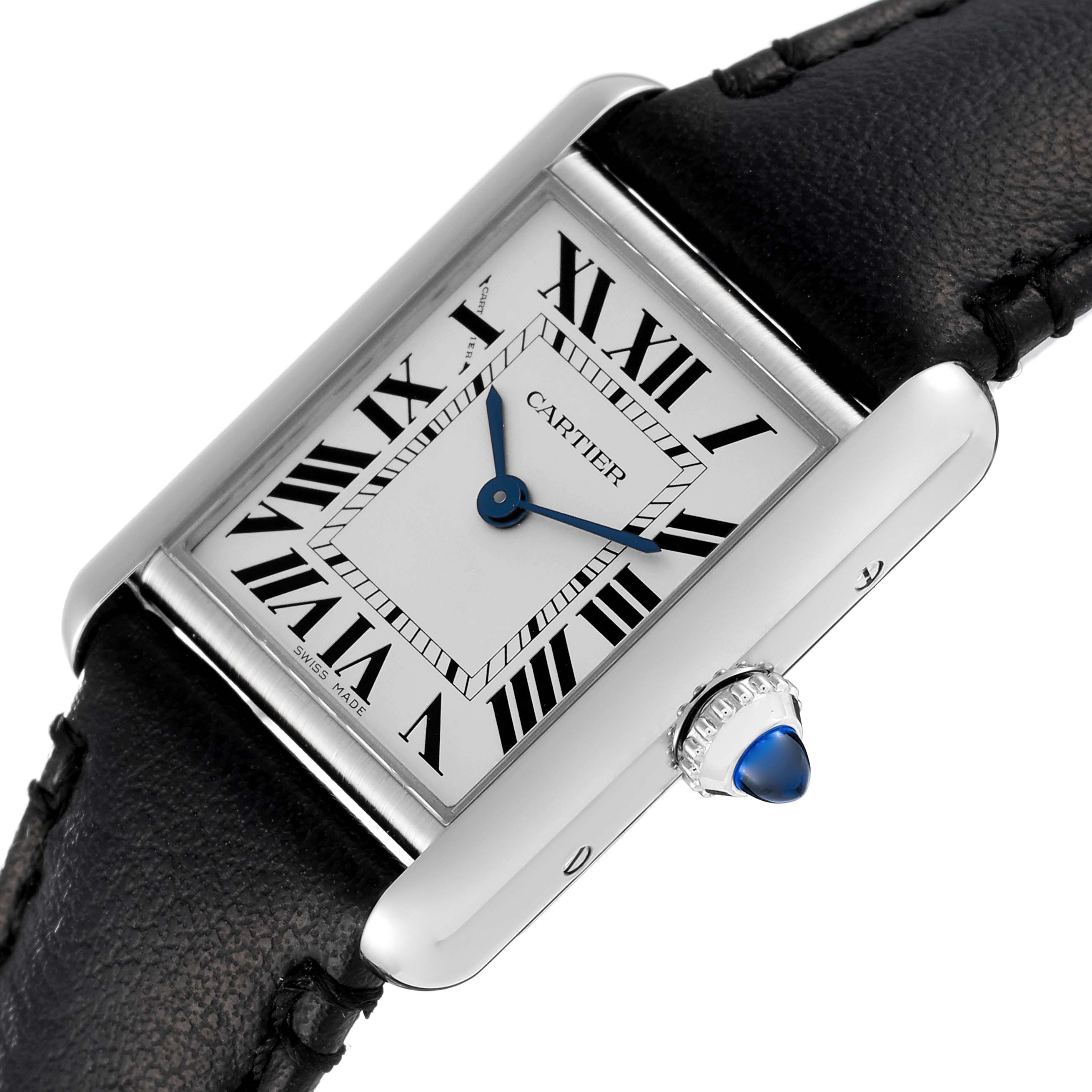 This image shows a Cartier Tank Solo WSTA0060 Women's Stainless Steel Silver Dial WSTA0060 Women's Stainless Steel Silver Dial watch with a close-up angled view, featuring the face, crown, and part of the leather strap.