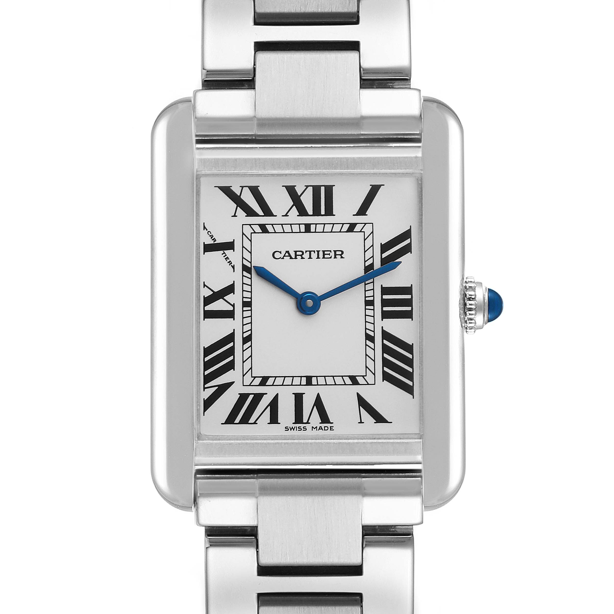 The image shows a front view of a Cartier Tank Solo W5200013 Women's Stainless Steel Silver Dial W5200013 Women's Stainless Steel Silver Dial watch face with its stainless steel bracelet and blue hands.