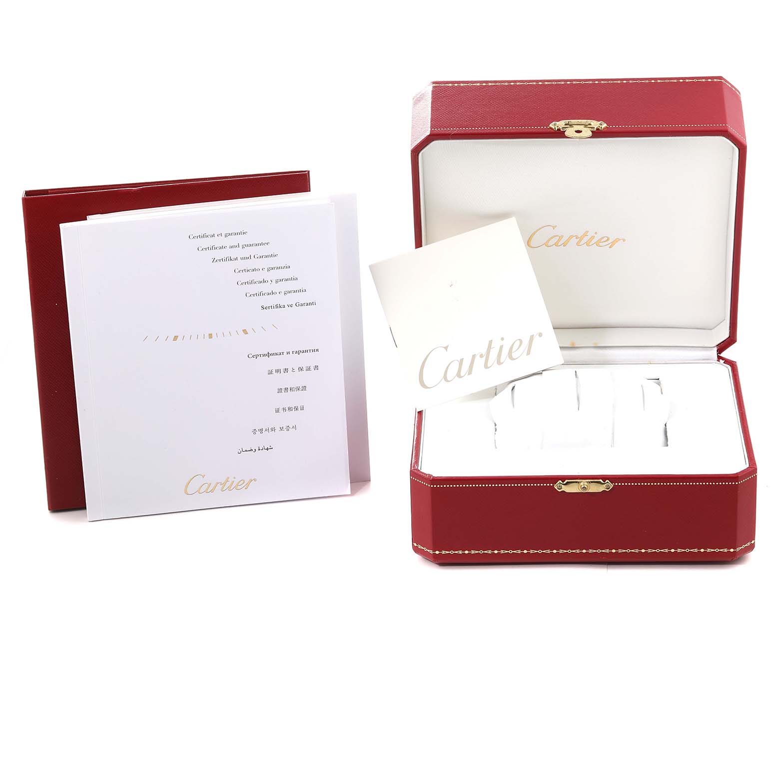 The image shows the Cartier Tank Solo W5200013 Women's Stainless Steel Silver Dial W5200013 Women's Stainless Steel Silver Dial watch box, certificates, and manuals from a front angle.