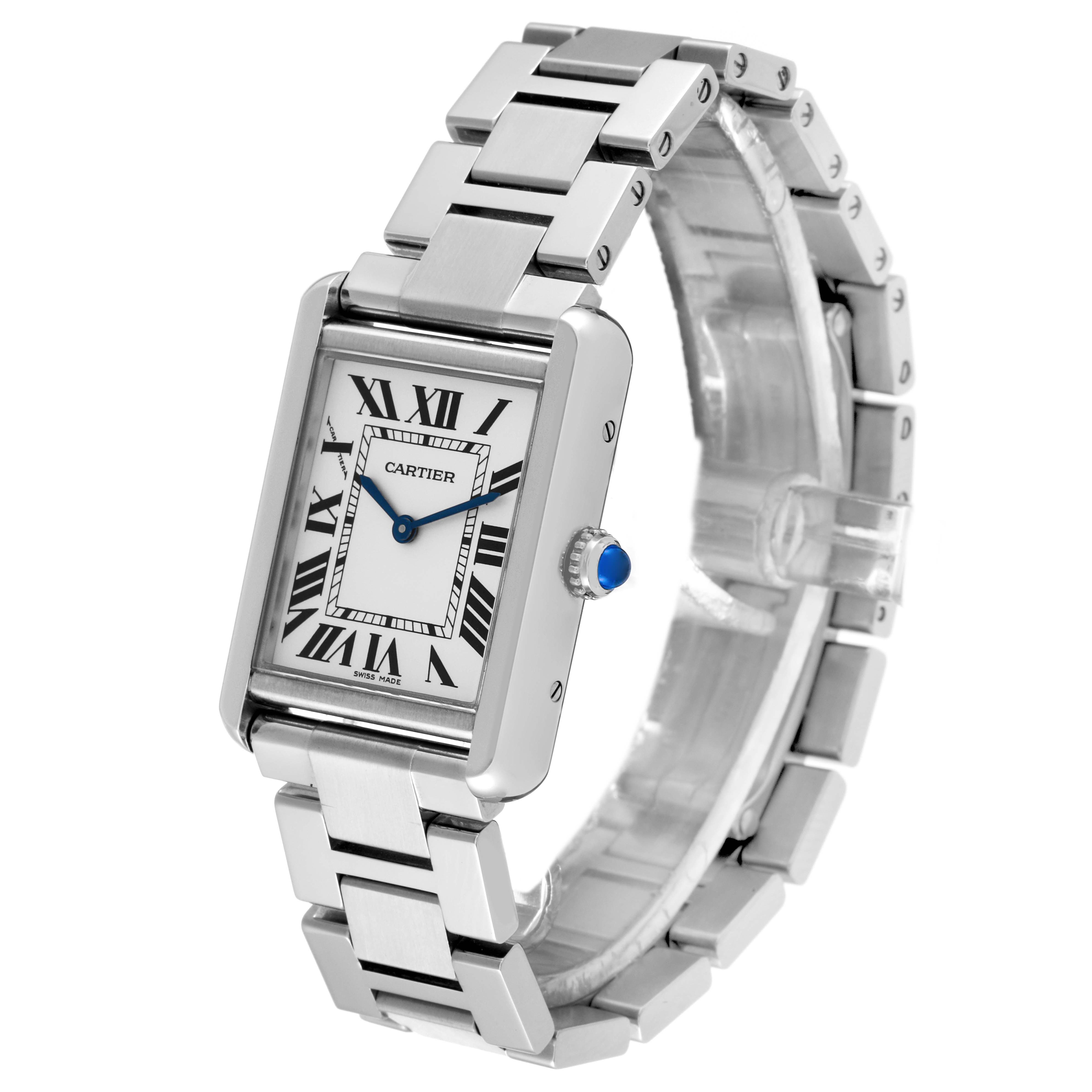 The Cartier Tank Solo W5200013 Women's Stainless Steel Silver Dial W5200013 Women's Stainless Steel Silver Dial watch is shown from a front three-quarter angle, displaying the face, crown, and metal bracelet.