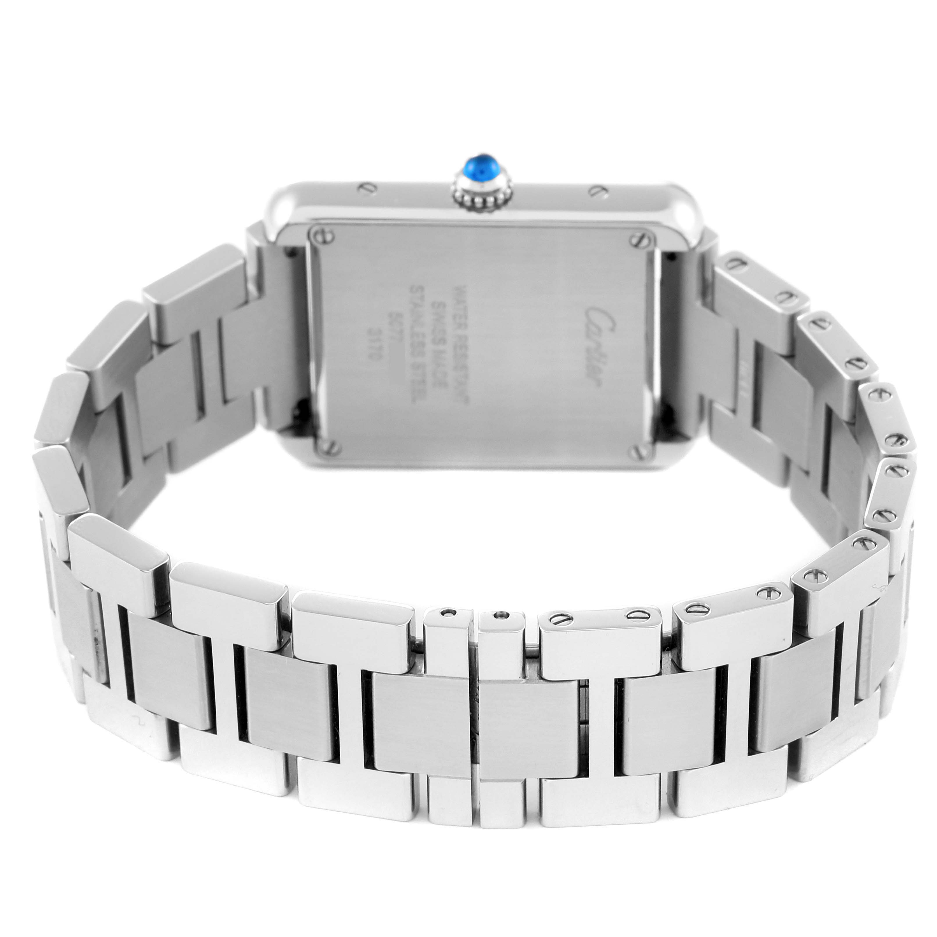 This image shows the back and part of the bracelet of the Cartier Tank Solo W5200013 Women's Stainless Steel Silver Dial W5200013 Women's Stainless Steel Silver Dial watch, highlighting the case back and links.