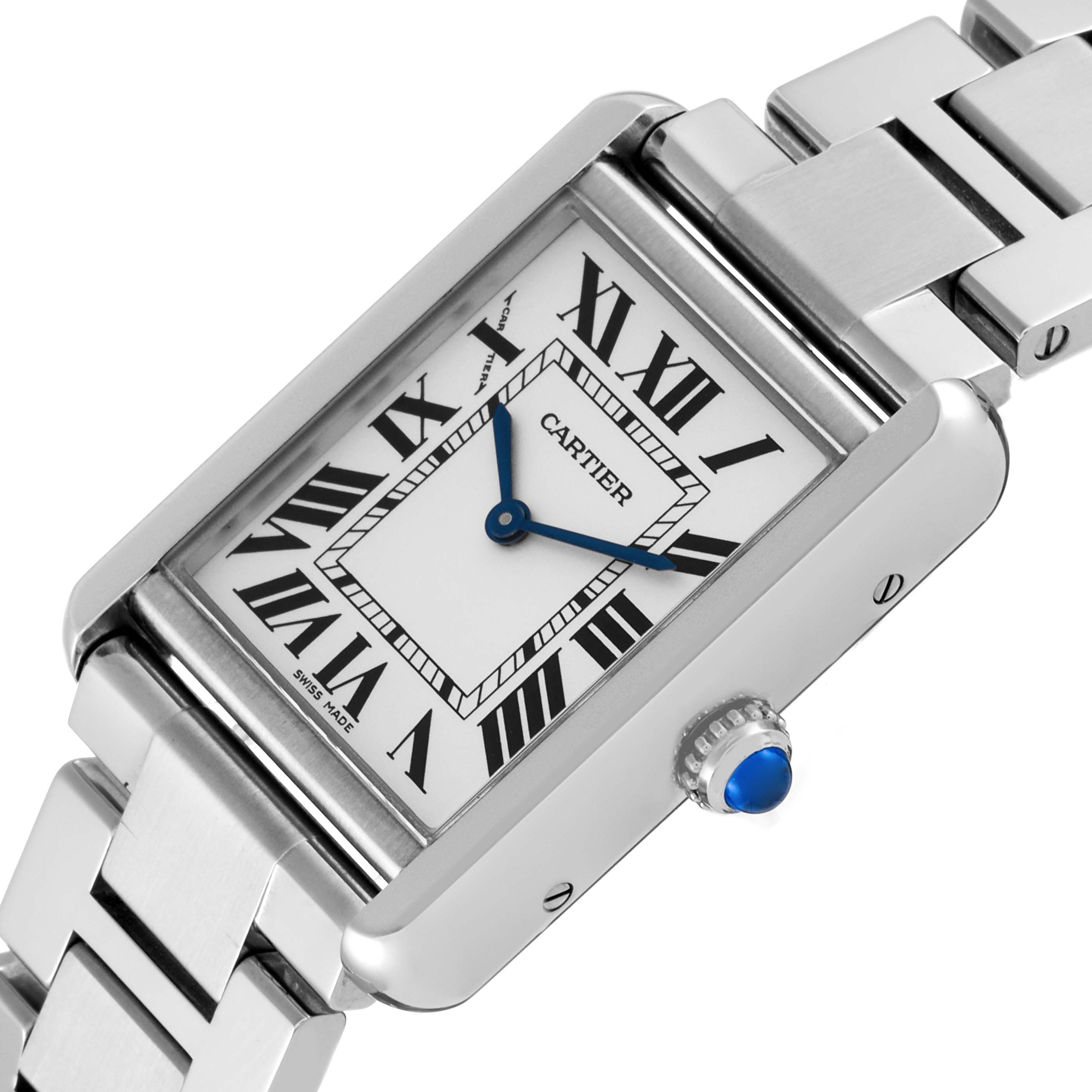 The image shows a close-up angle of the Cartier Tank Solo W5200013 Women's Stainless Steel Silver Dial W5200013 Women's Stainless Steel Silver Dial watch face, crown, and metal bracelet.