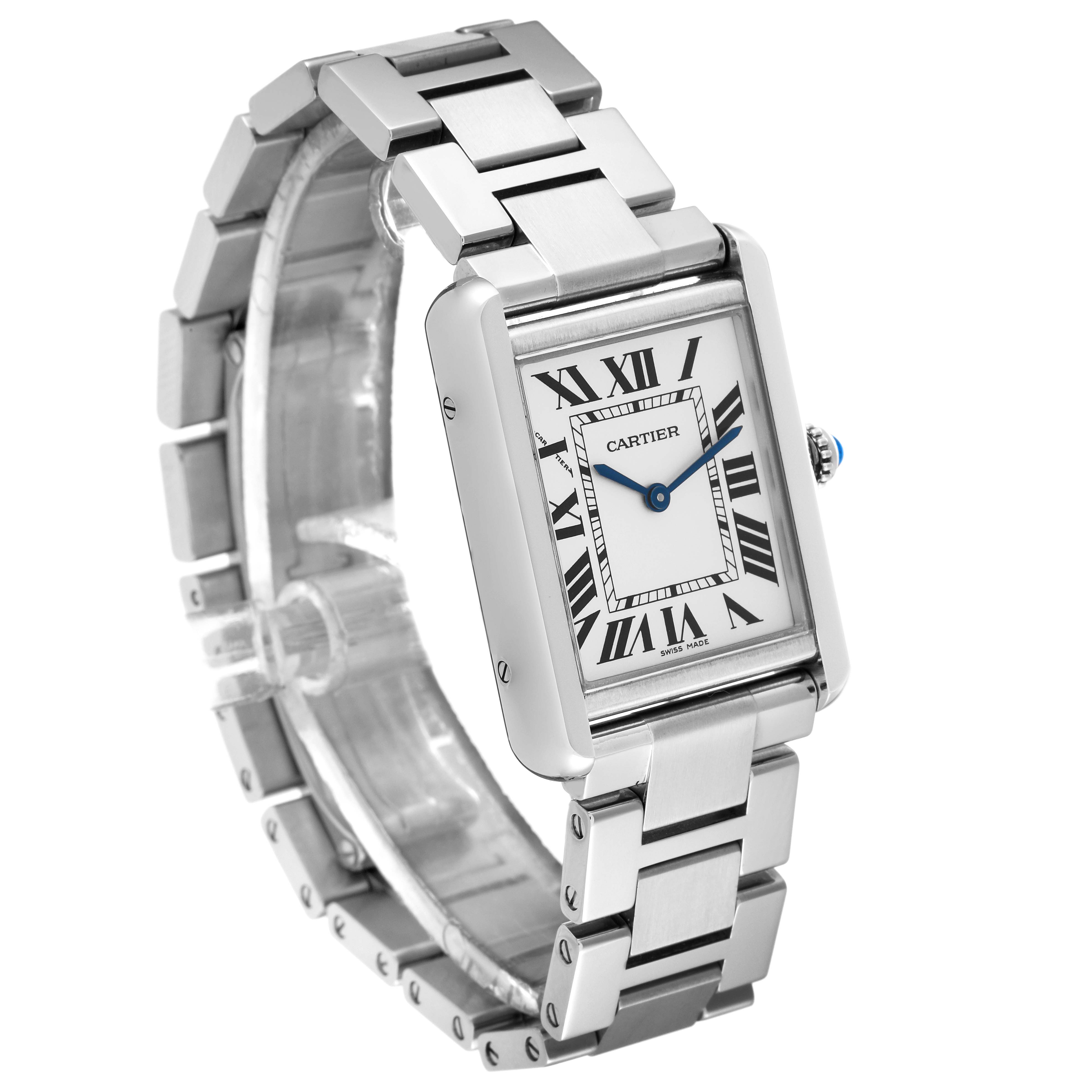 The Cartier Tank Solo W5200013 Women's Stainless Steel Silver Dial W5200013 Women's Stainless Steel Silver Dial watch is shown at a three-quarter angle, displaying its rectangular face, Roman numerals, and metal bracelet.
