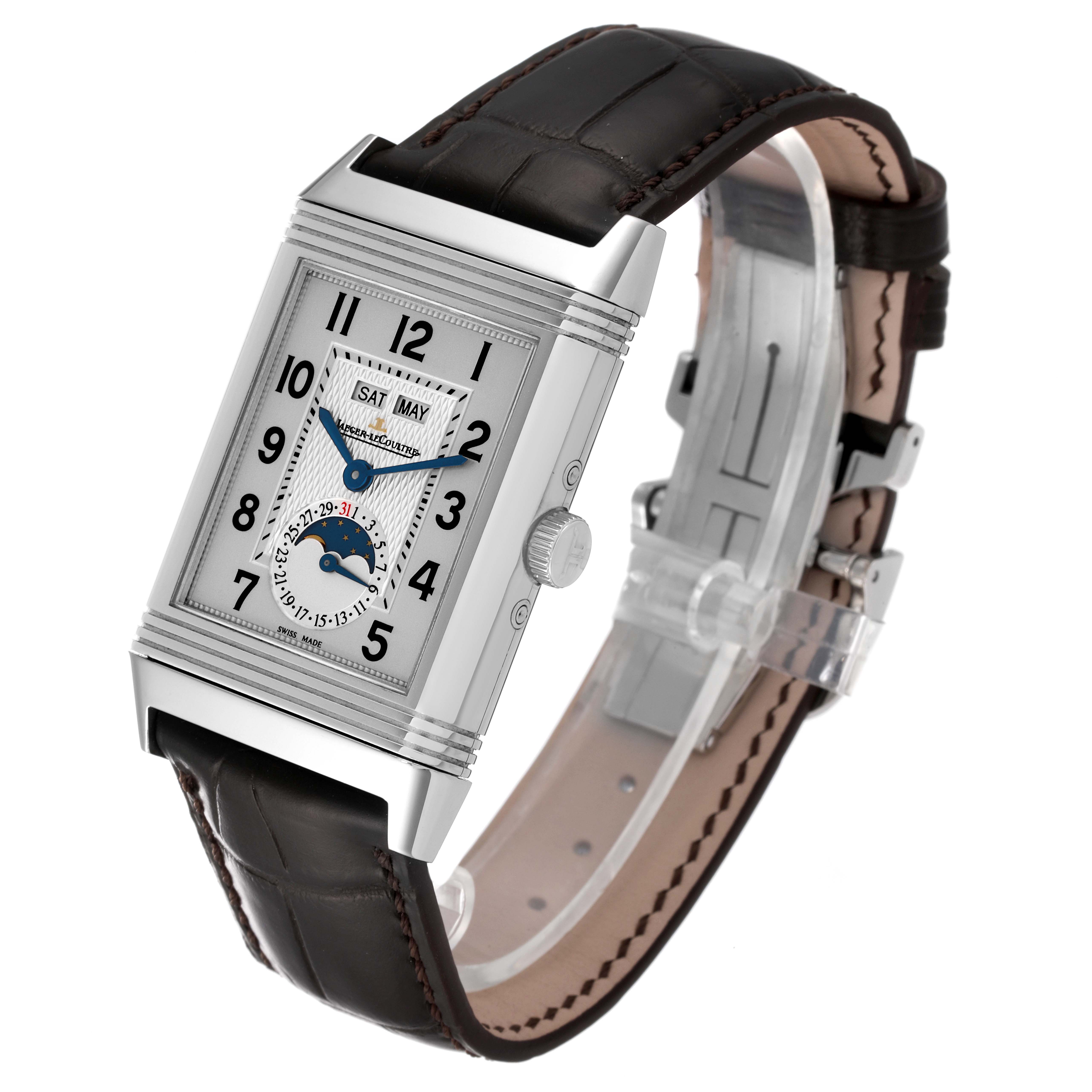 The Jaeger LeCoultre Reverso Q3758420 / 273.8.84 Men
s Stainless Steel Silver Dial Q3758420 / 273.8.84 Men
s Stainless Steel Silver Dial watch is shown at a three-quarter angle, featuring the dial, case, and leather strap.