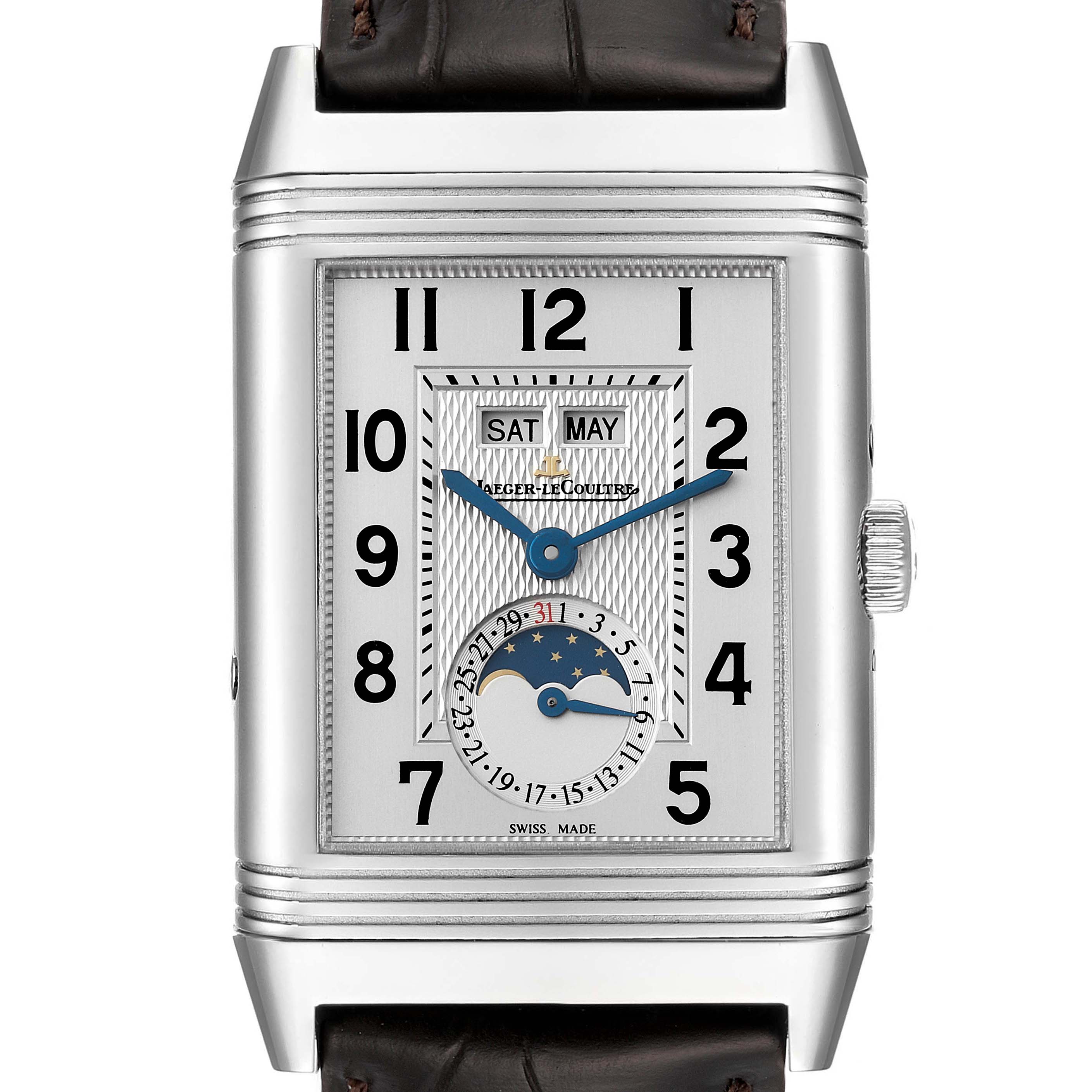 The image shows a frontal view of the Jaeger-LeCoultre Reverso watch, highlighting the dial and complications.