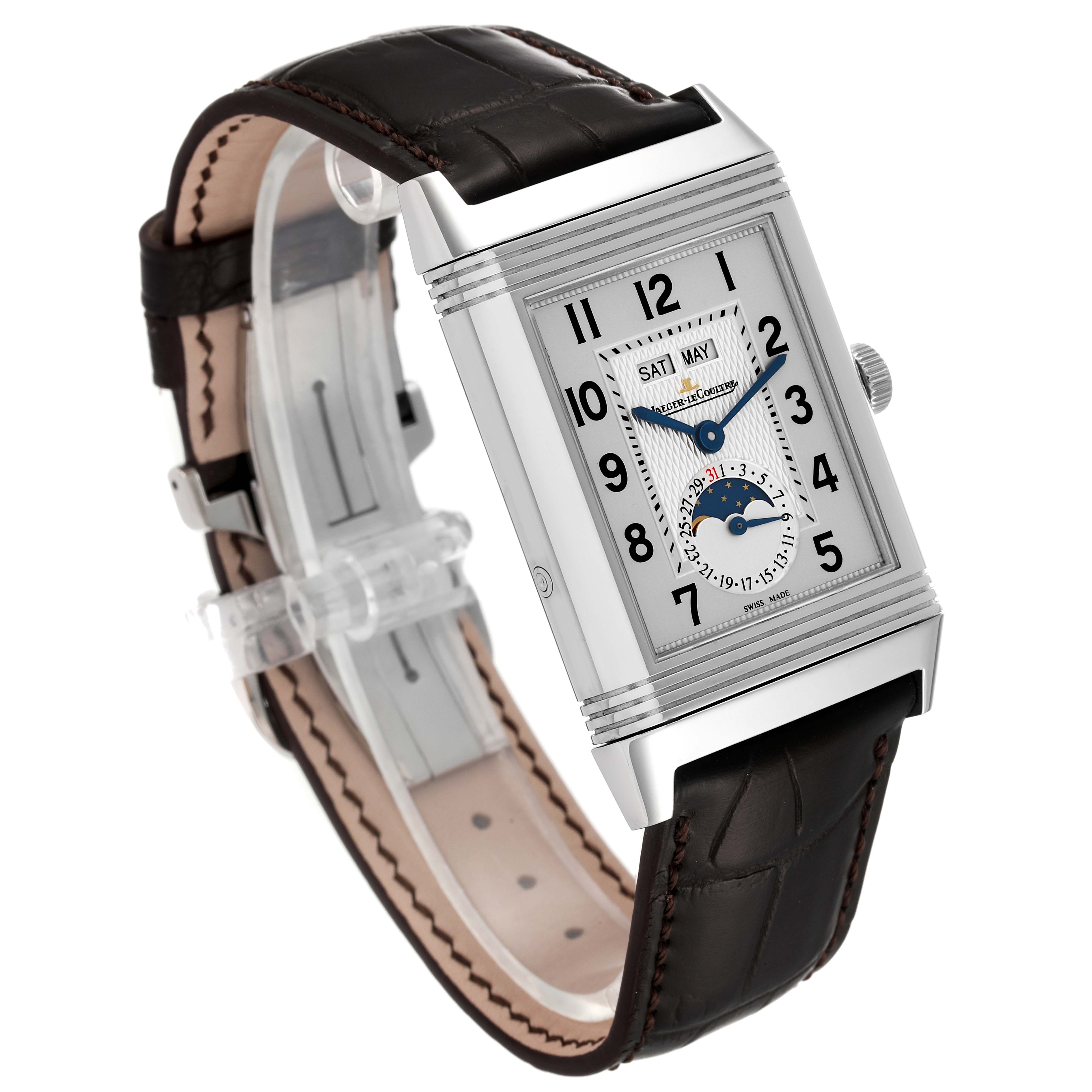 The Jaeger LeCoultre Reverso Q3758420 / 273.8.84 Men
s Stainless Steel Silver Dial Q3758420 / 273.8.84 Men
s Stainless Steel Silver Dial watch is shown at an angled front view, displaying its rectangular dial, leather strap, and crown.