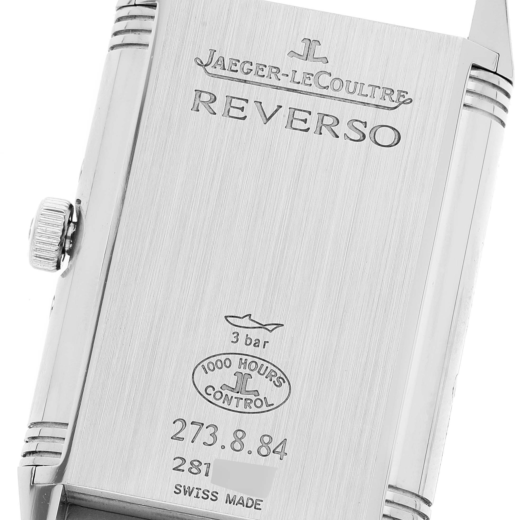 This image shows the back case of a Jaeger LeCoultre Reverso Q3758420 / 273.8.84 Men
s Stainless Steel Silver Dial Q3758420 / 273.8.84 Men
s Stainless Steel Silver Dial watch from a close-up angle.