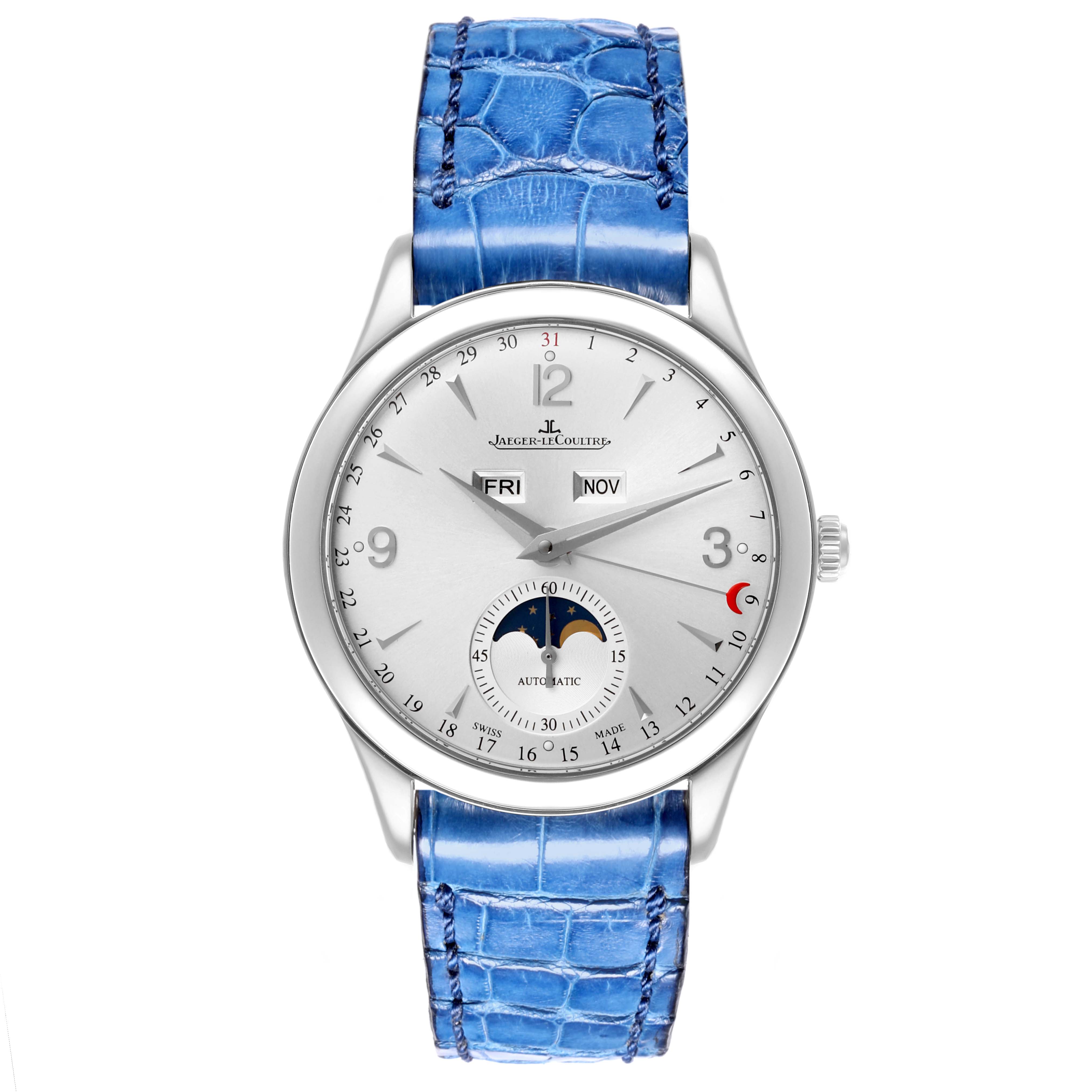 The Jaeger LeCoultre Master Q1558420 Men's Stainless Steel Silver Dial Q1558420 Men's Stainless Steel Silver Dial model is shown from the front, featuring a silver dial, moon phase, day-date indicators, and blue strap.