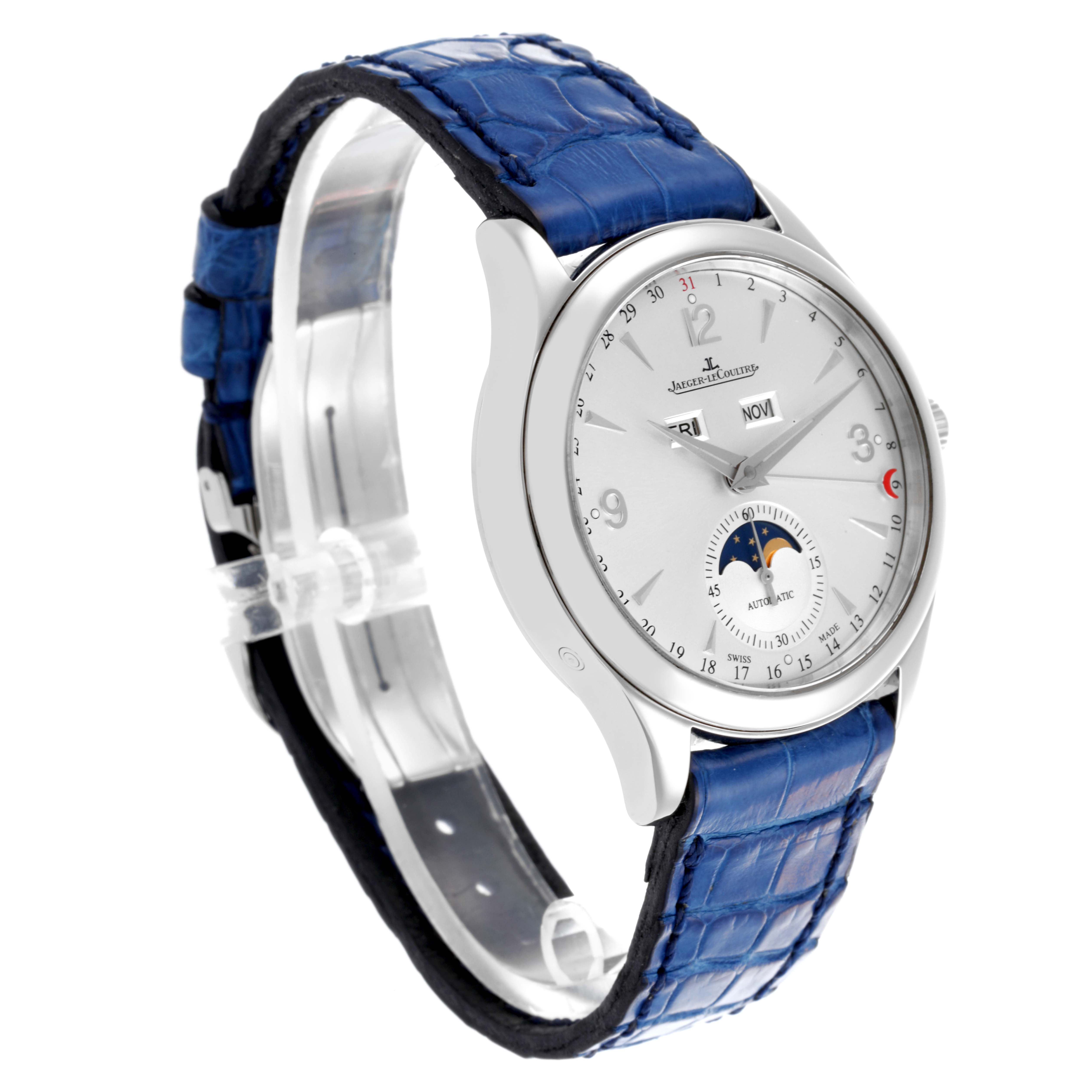 The Jaeger LeCoultre Master Q1558420 Men's Stainless Steel Silver Dial Q1558420 Men's Stainless Steel Silver Dial model watch is shown at a three-quarter angle, highlighting the dial, case, and blue leather strap.