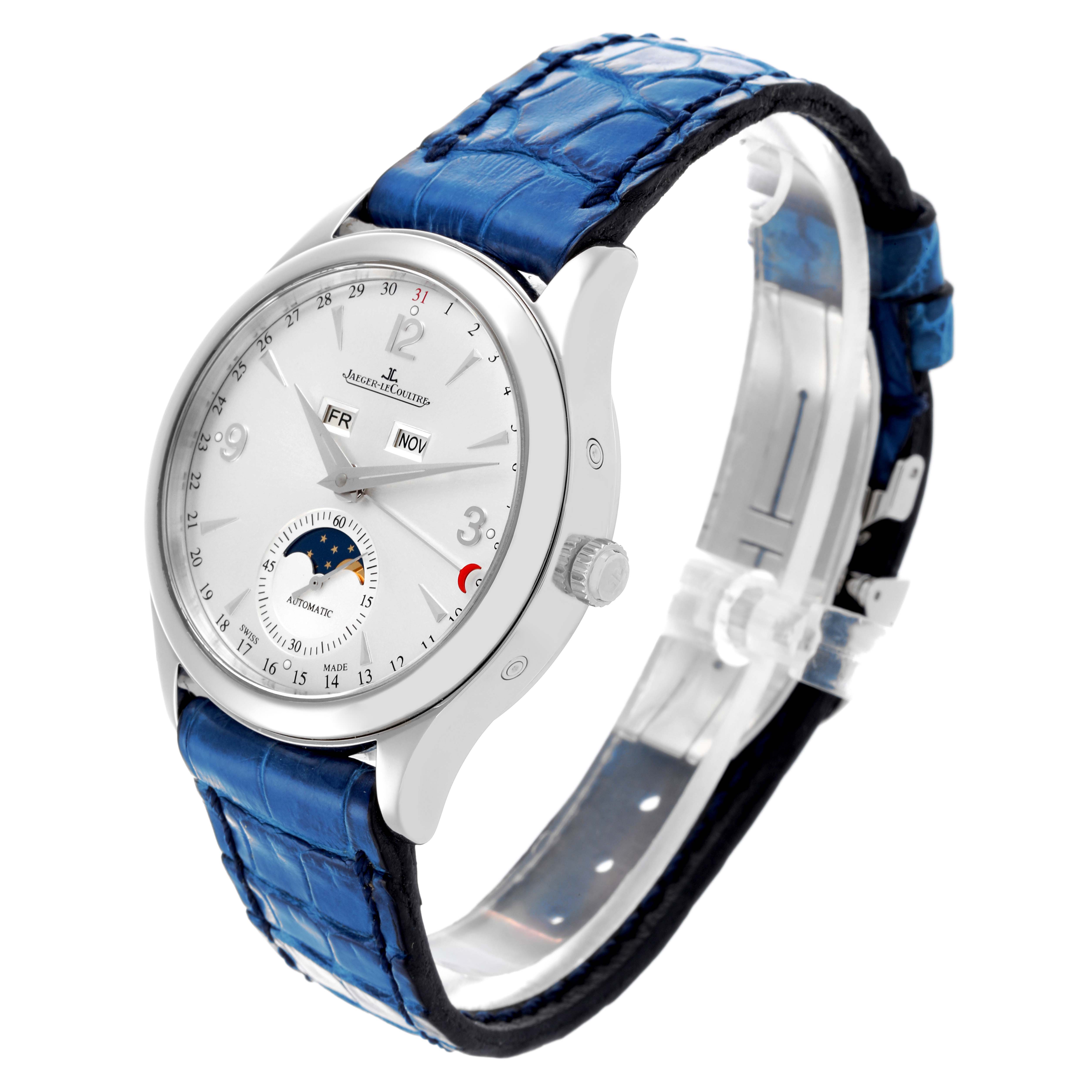 The Jaeger LeCoultre Master Q1558420 Men's Stainless Steel Silver Dial Q1558420 Men's Stainless Steel Silver Dial watch is shown at a three-quarter angle, displaying the dial, moon phase, and blue leather strap.