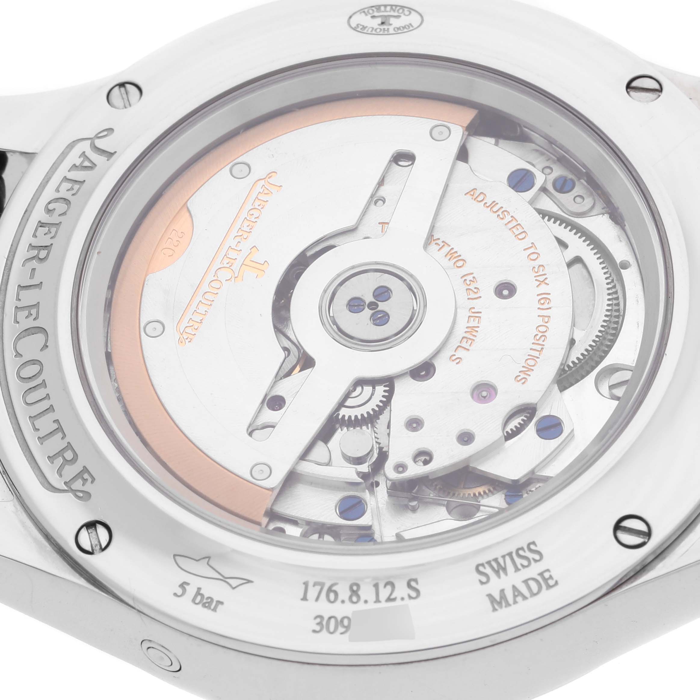 The image shows the back of a Jaeger LeCoultre Master Q1558420 Men's Stainless Steel Silver Dial Q1558420 Men's Stainless Steel Silver Dial model watch, highlighting its exposed movement and engravings.