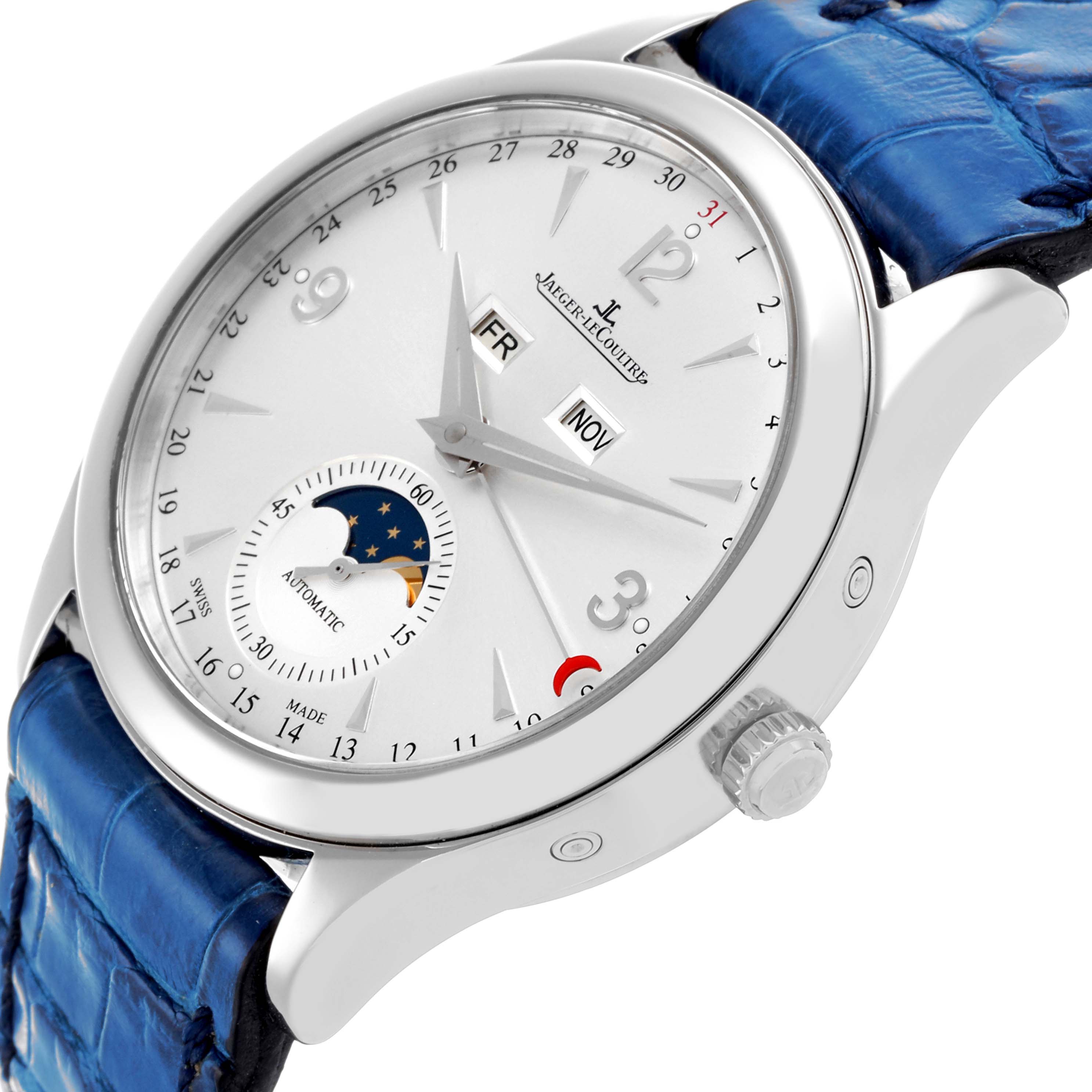 The Jaeger LeCoultre Master Q1558420 Men's Stainless Steel Silver Dial Q1558420 Men's Stainless Steel Silver Dial model watch is shown at a three-quarter angle, highlighting the dial, blue strap, and side crown.