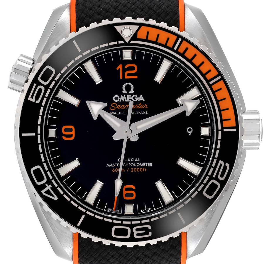 The Omega Planet Ocean watch is shown from the front, displaying the dial, hands, bezel, and part of the strap.