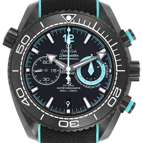 The Omega Planet Ocean watch is shown from a front angle, displaying its face, bezel, and pushers.