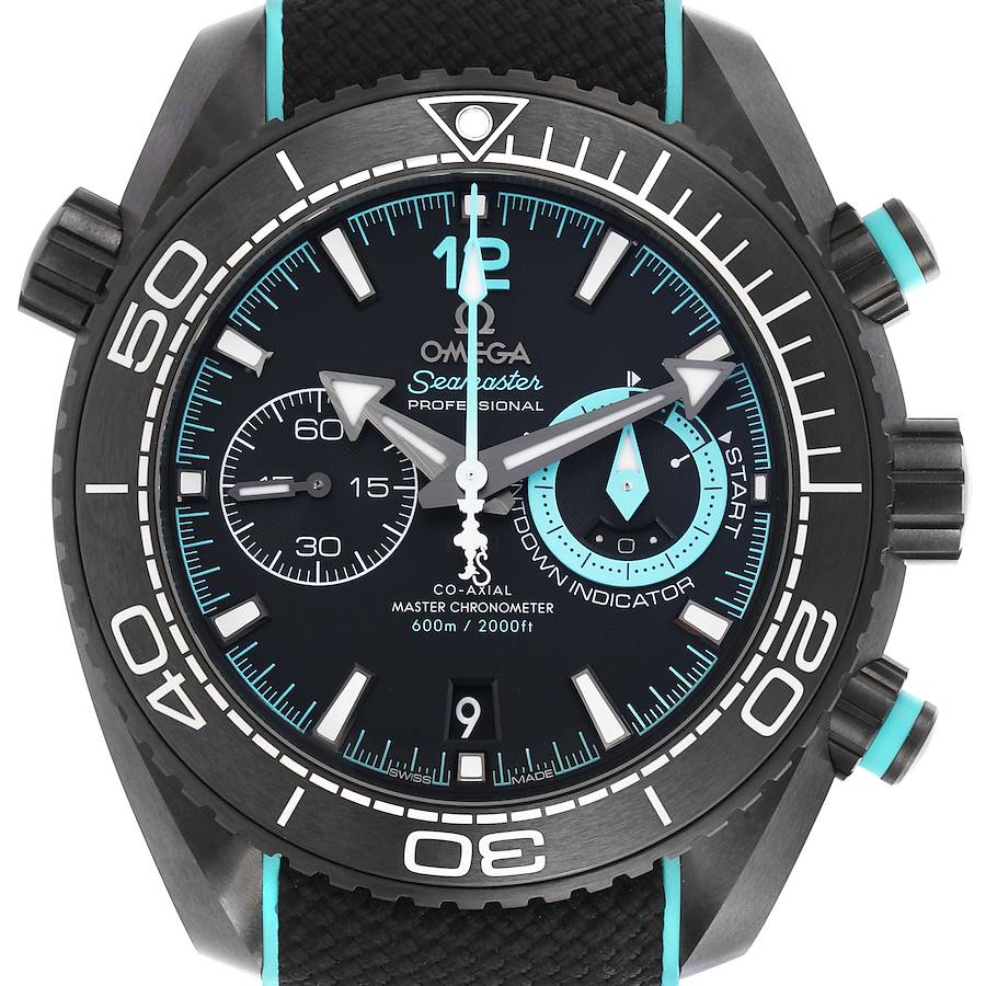 The Omega Planet Ocean watch is shown from the front, highlighting the dial, bezel, and subdials.