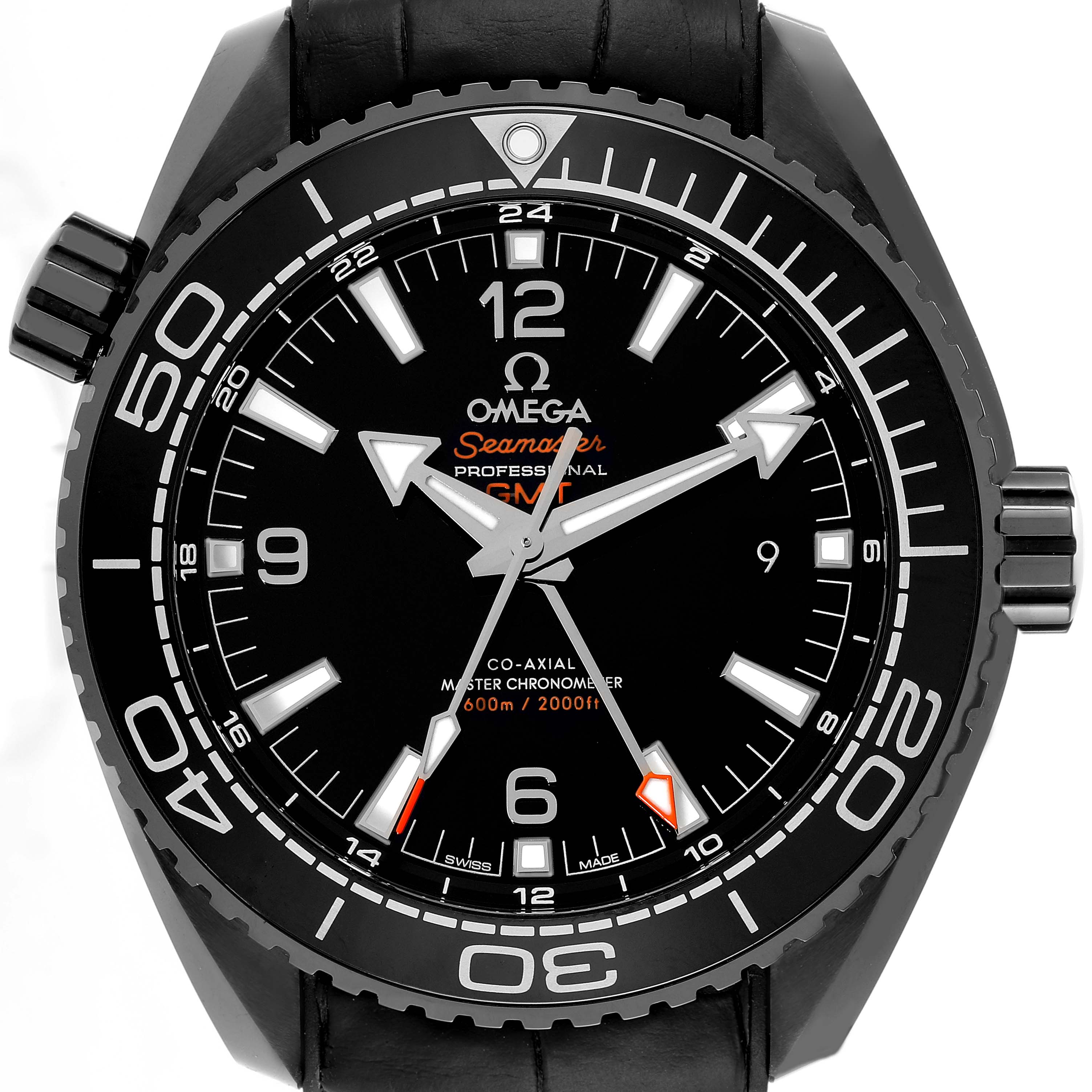 This image shows a front view of the Omega Seamaster Planet Ocean watch face and bezel.