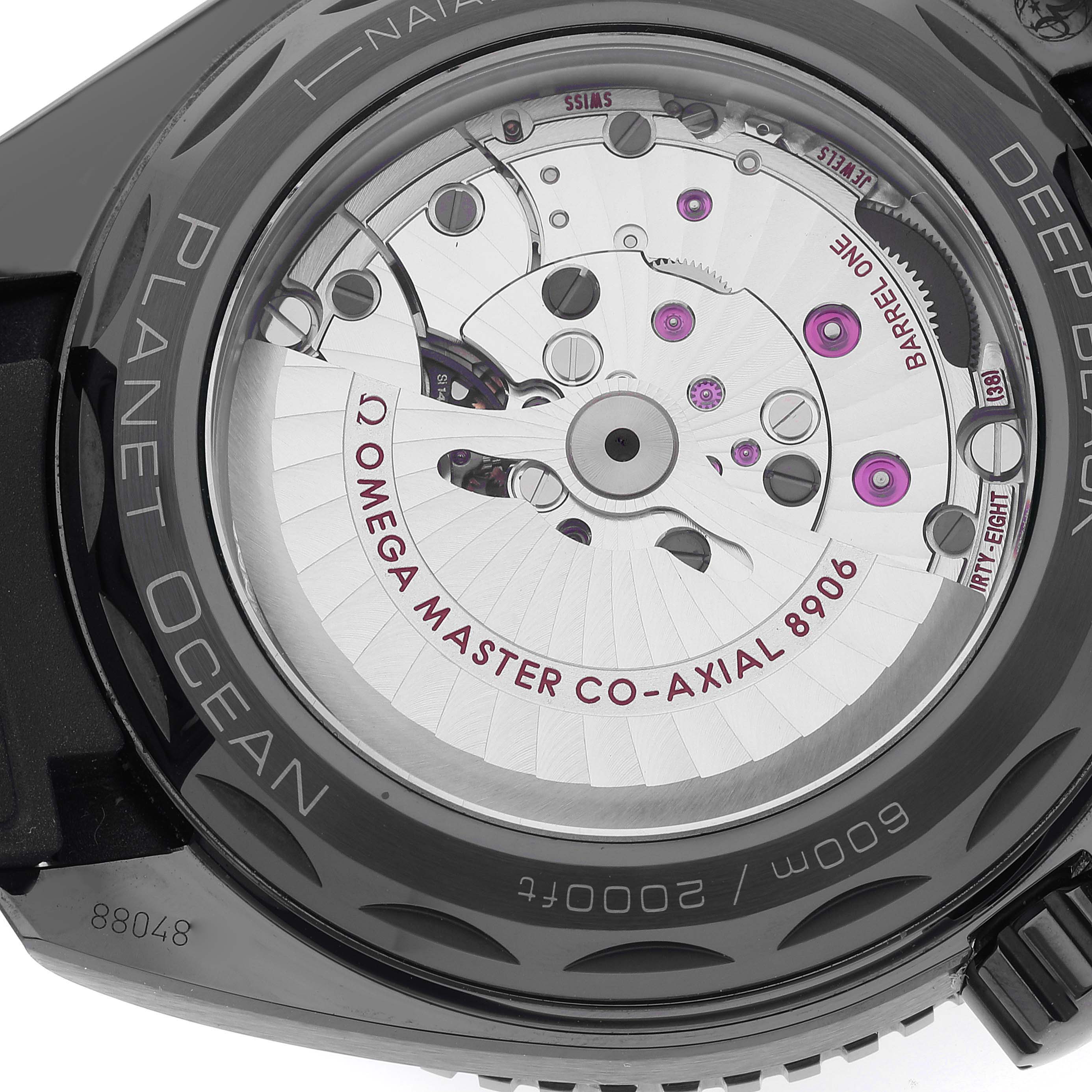 The image shows the back side of the Omega Planet Ocean 215.92.46.22.01.001 Men's Ceramic Black Dial 215.92.46.22.01.001 Men's Ceramic Black Dial watch, highlighting the Omega Master Co-Axial 8906 movement.