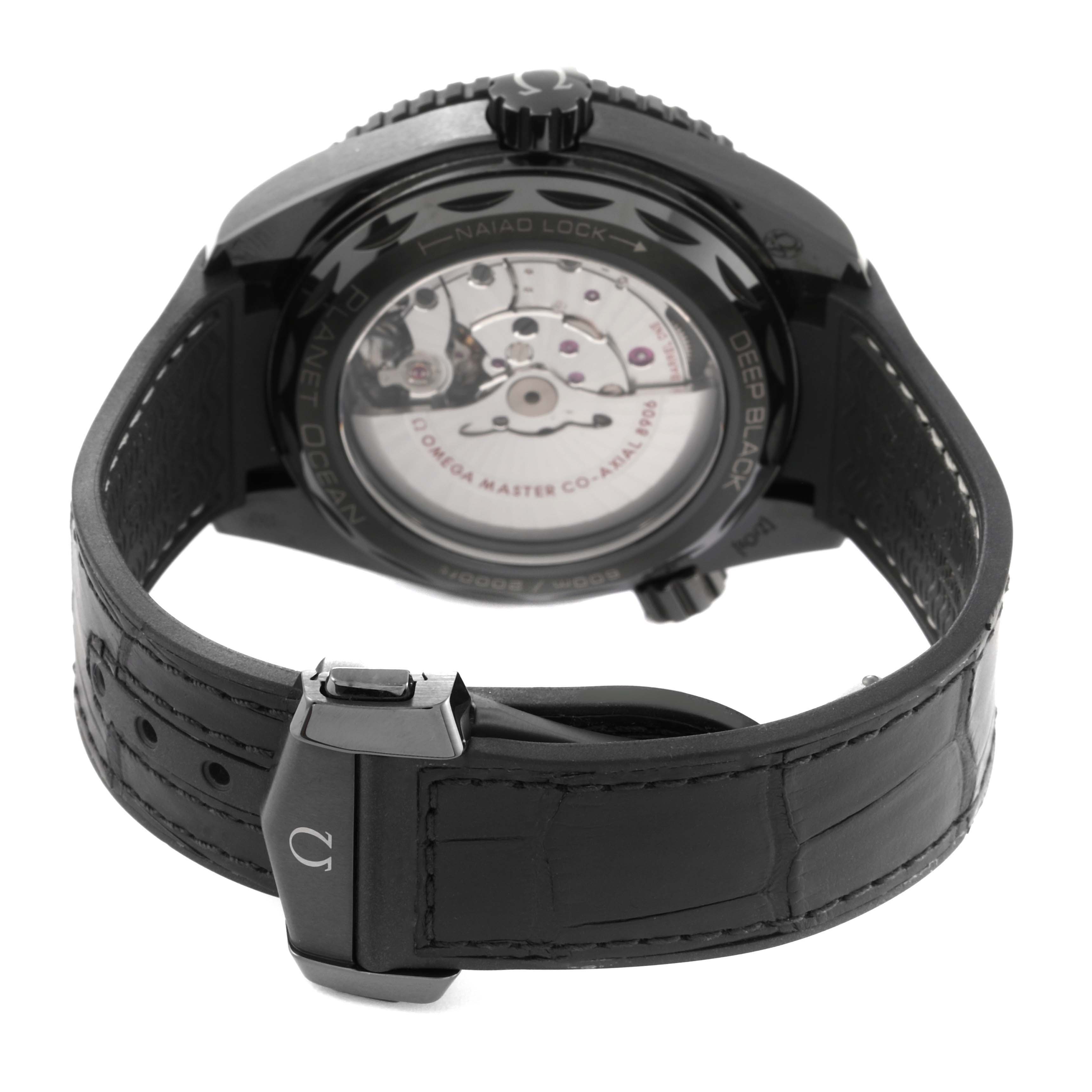 The image shows the back view of an Omega Planet Ocean 215.92.46.22.01.001 Men's Ceramic Black Dial 215.92.46.22.01.001 Men's Ceramic Black Dial watch, highlighting the strap, clasp, and transparent case back.