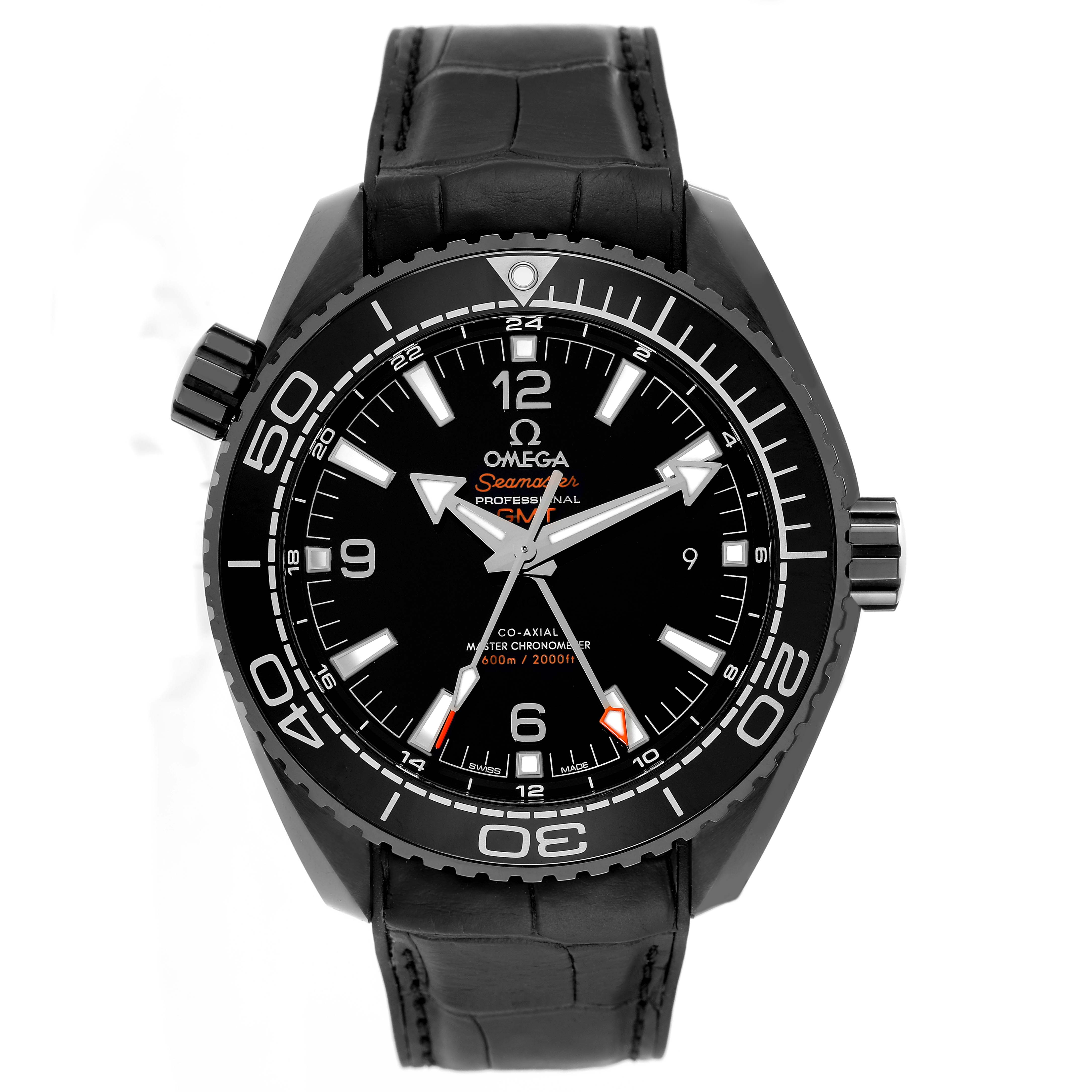 The Omega Planet Ocean 215.92.46.22.01.001 Men's Ceramic Black Dial 215.92.46.22.01.001 Men's Ceramic Black Dial watch is shown from the front, highlighting its face, bezel, and strap.