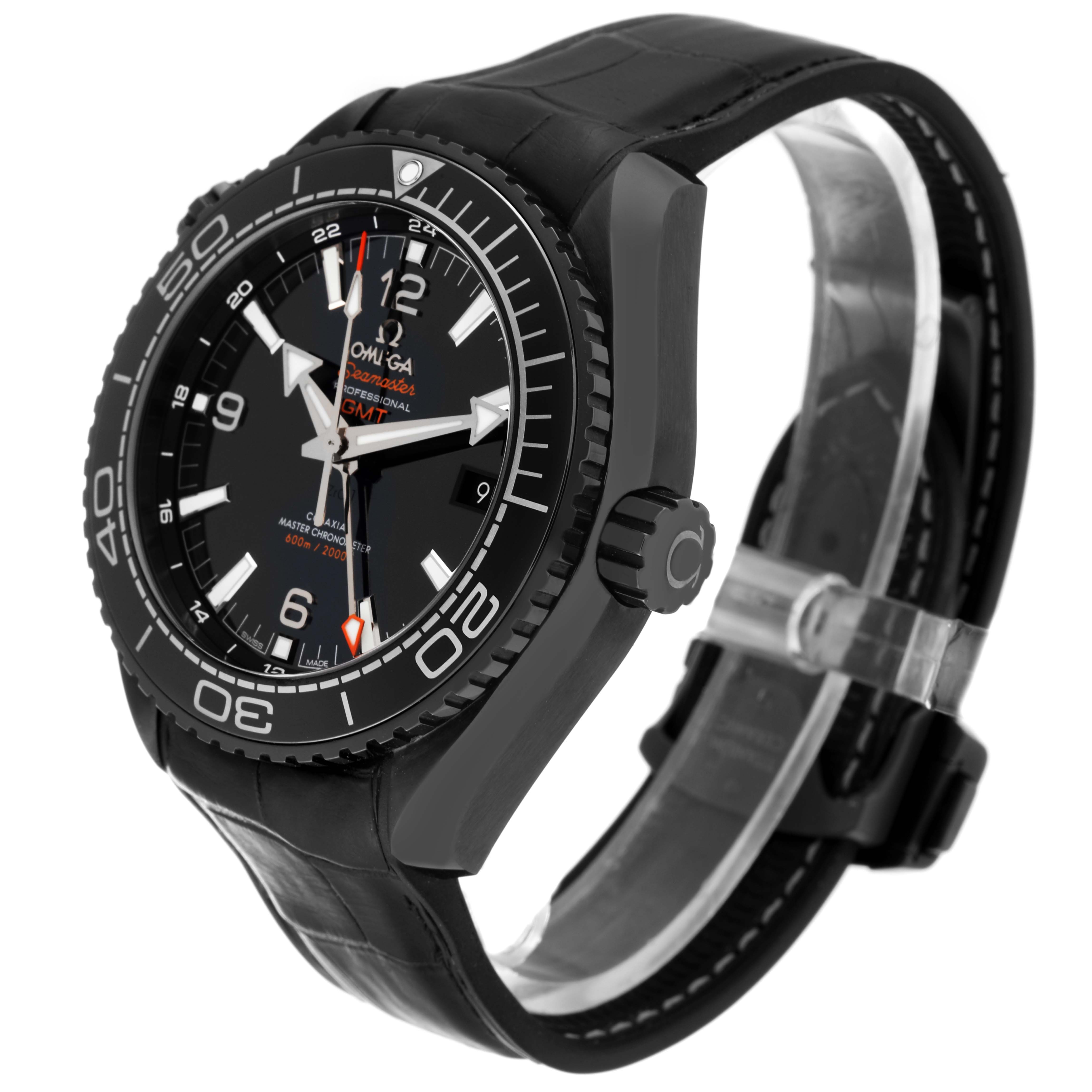 This image shows a side angle of the Omega Planet Ocean 215.92.46.22.01.001 Men's Ceramic Black Dial 215.92.46.22.01.001 Men's Ceramic Black Dial watch, highlighting the dial, bezel, and strap.