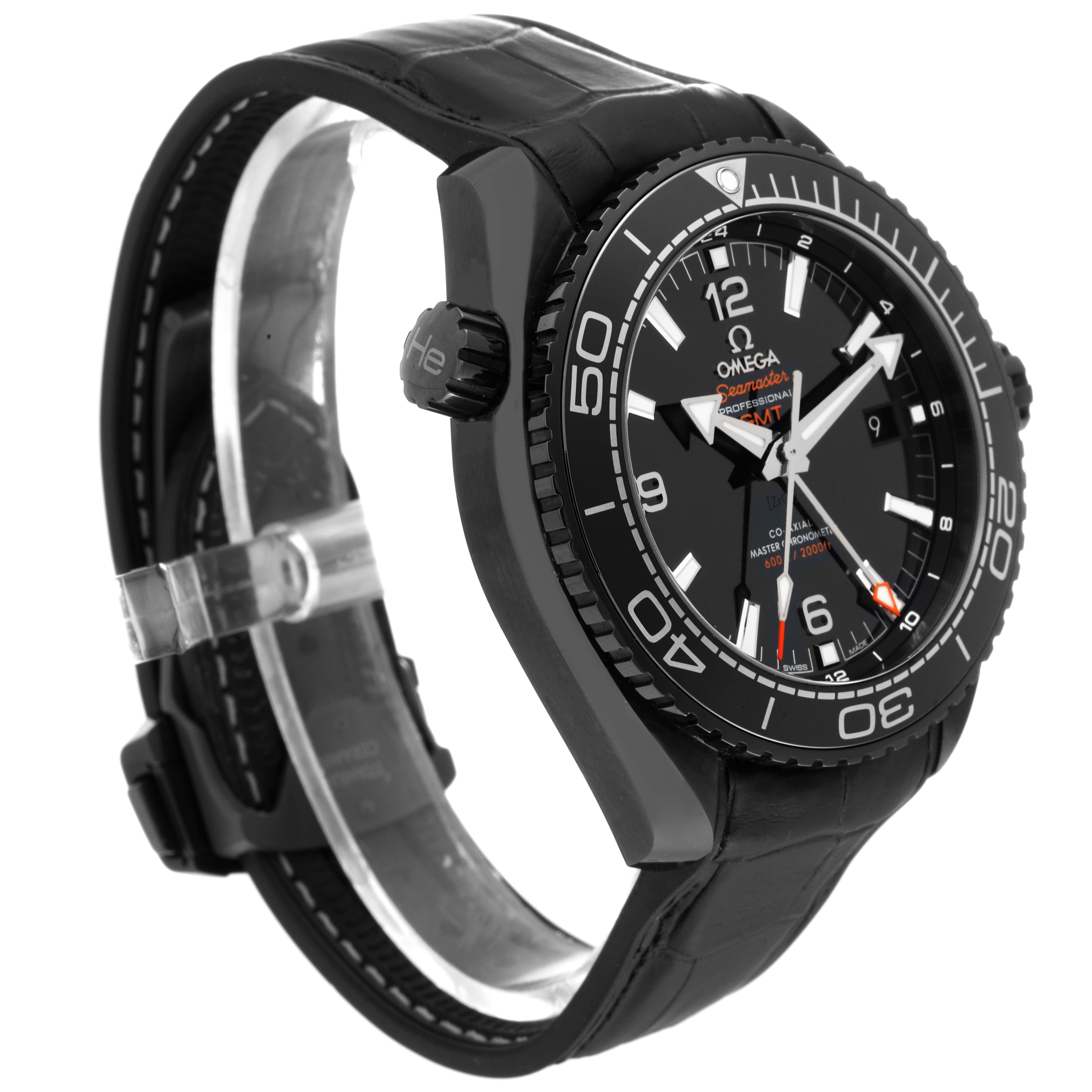 The Omega Planet Ocean 215.92.46.22.01.001 Men's Ceramic Black Dial 215.92.46.22.01.001 Men's Ceramic Black Dial watch is shown from a three-quarter front angle, displaying the dial, bezel, and black leather strap.