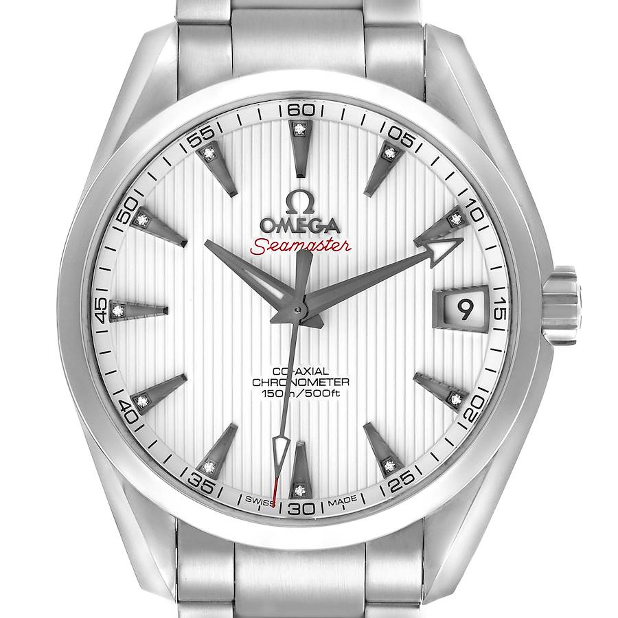 The image shows a frontal view of the Omega Seamaster watch, displaying its face, bezel, markers, and part of the bracelet.