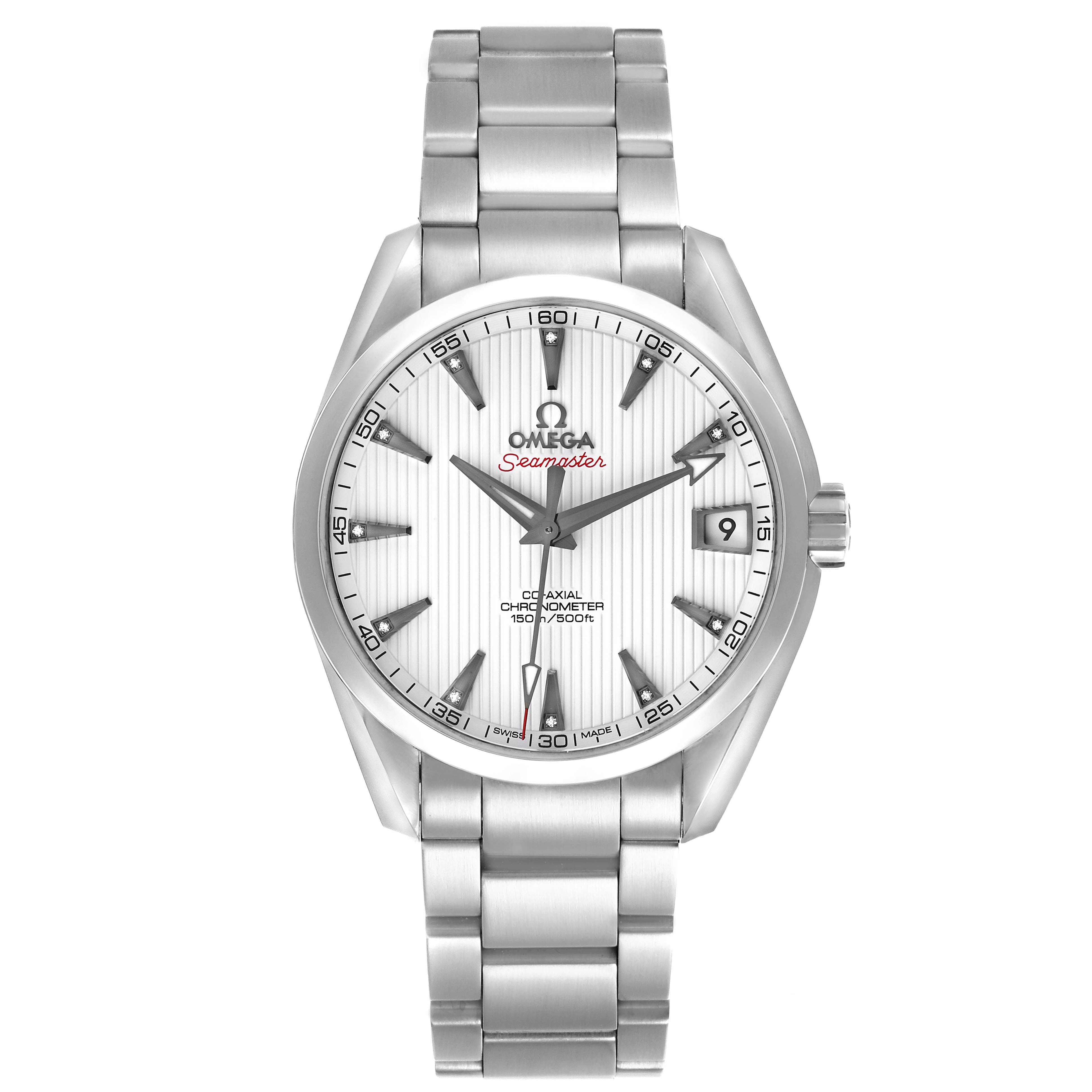 The Omega Seamaster watch is shown from a front angle, highlighting the face, bezel, and metal bracelet.