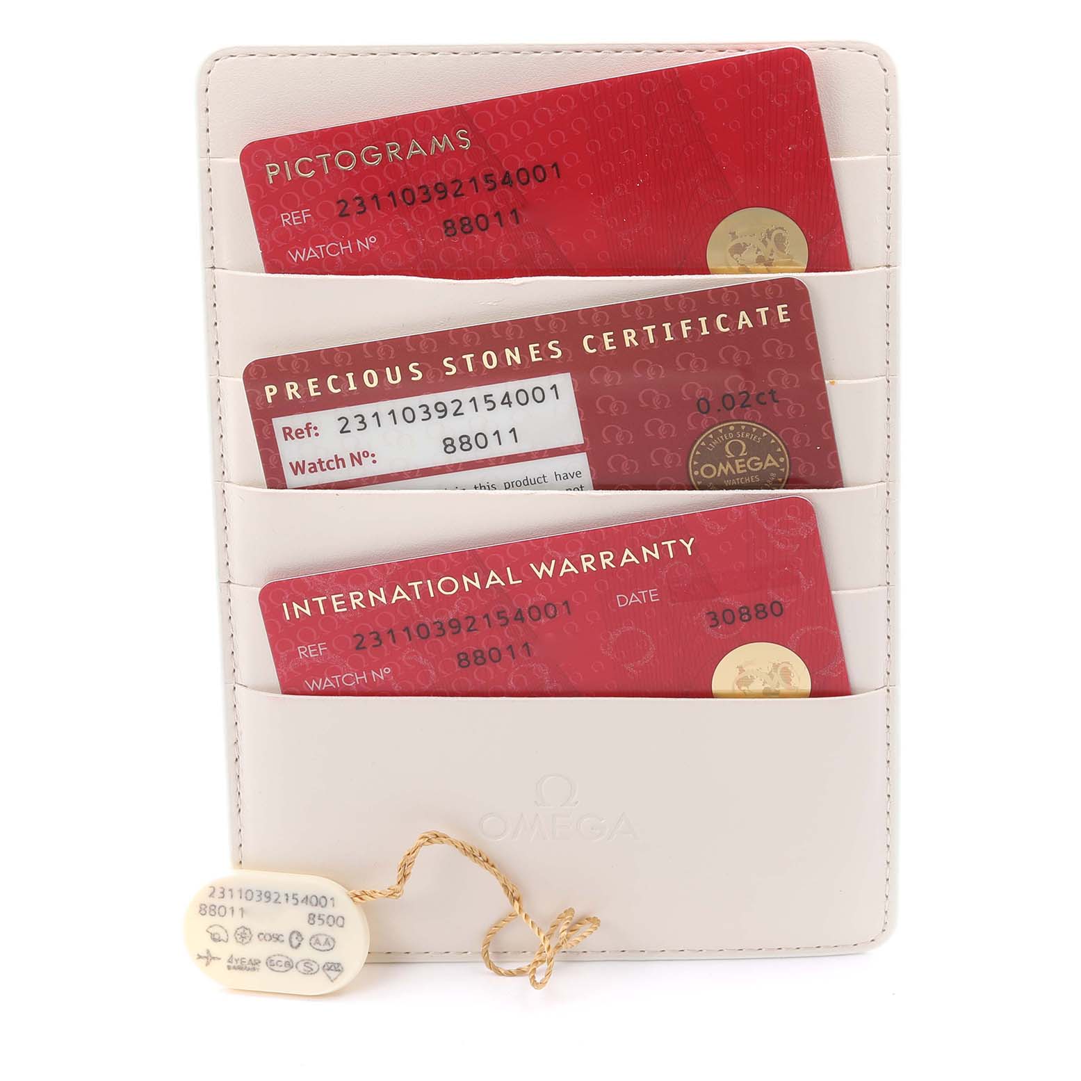The image shows Omega Seamaster's cards: pictograms, stones certificate, and warranty in a white holder.