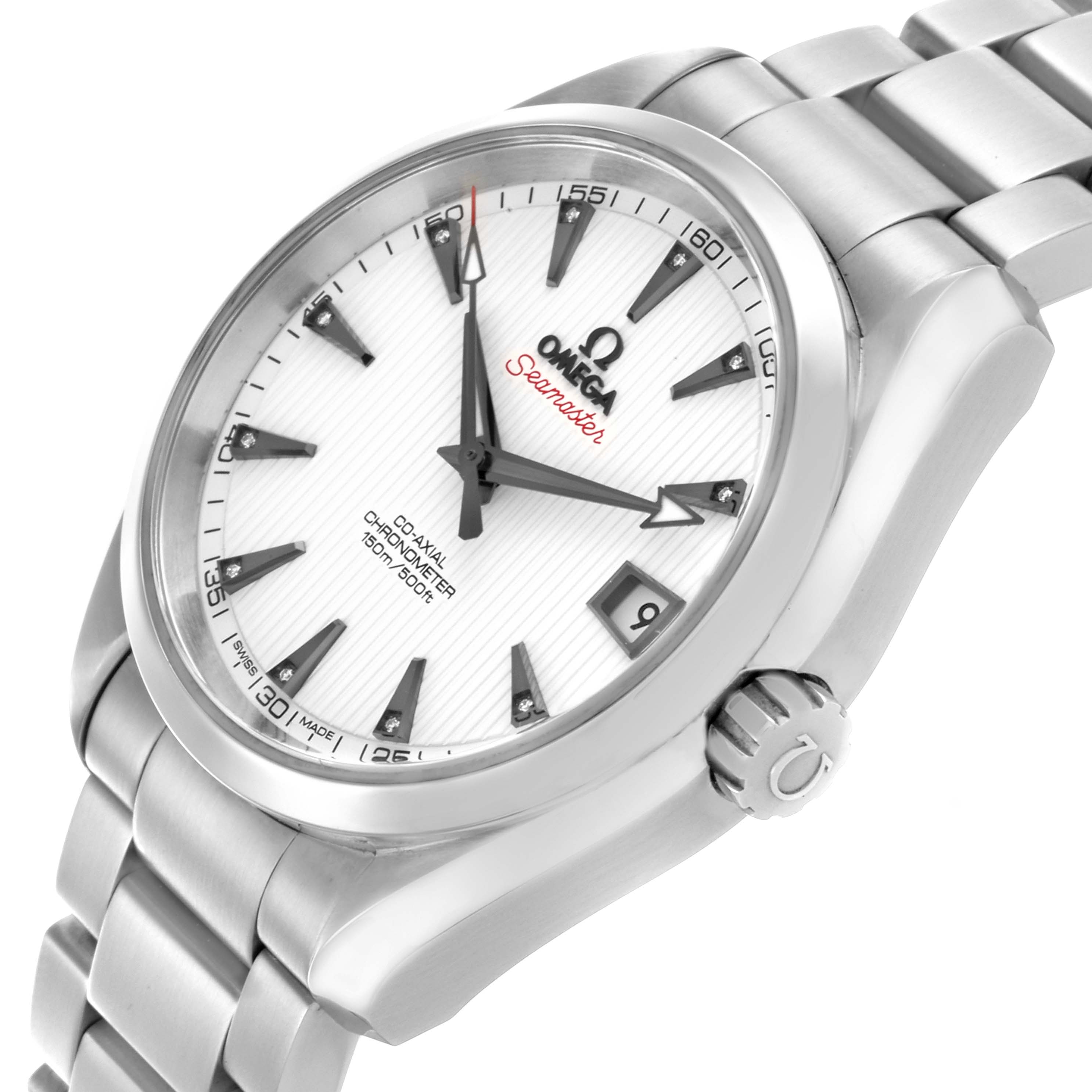 The Omega Seamaster watch is shown at a three-quarter angle, displaying the dial, bezel, crown, and part of the bracelet.