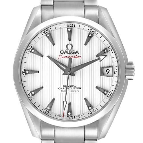 The Omega Seamaster watch is shown from a front view, displaying the dial, bezel, and part of the bracelet.