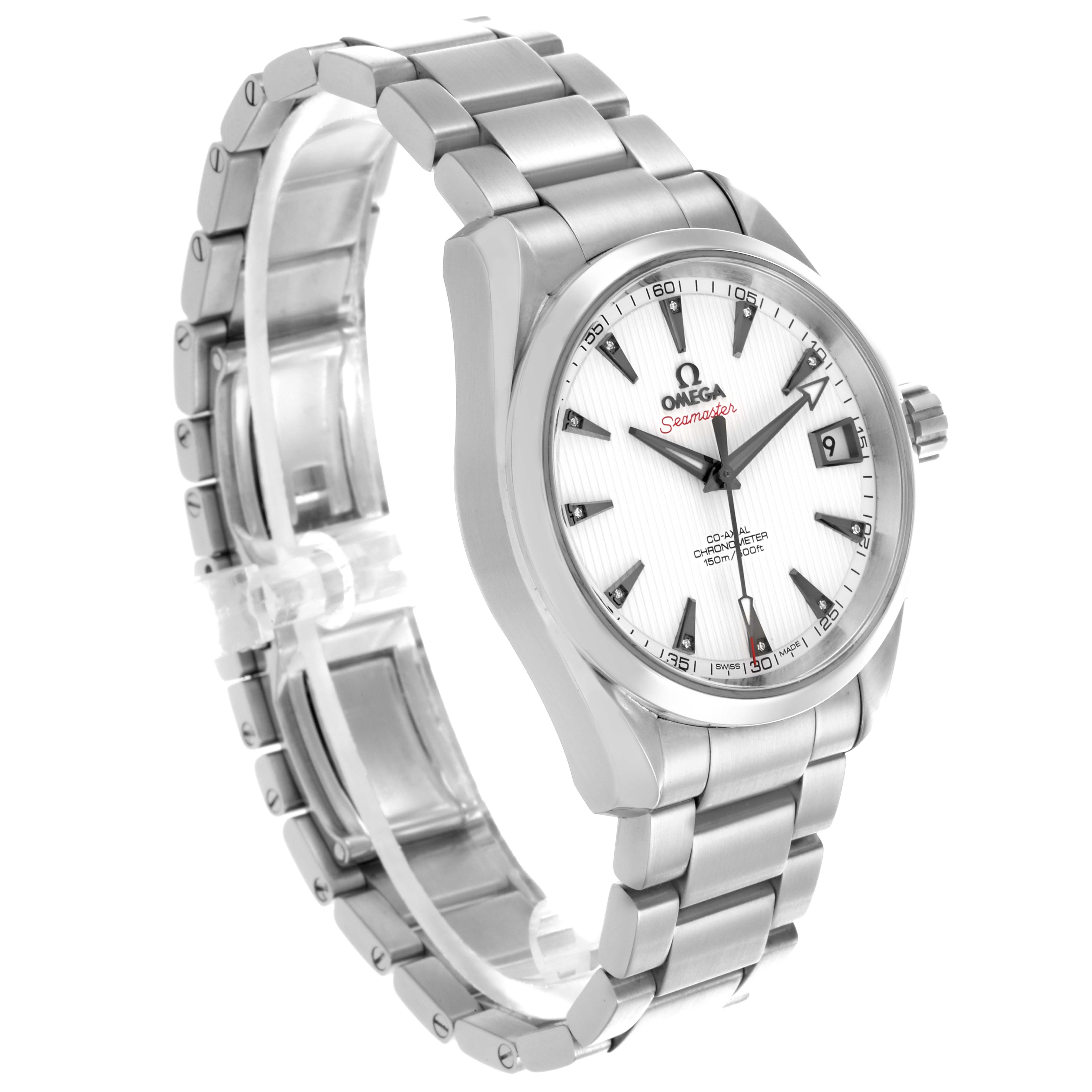 The Omega Seamaster is shown at a three-quarter angle, displaying the full watch face and bracelet.