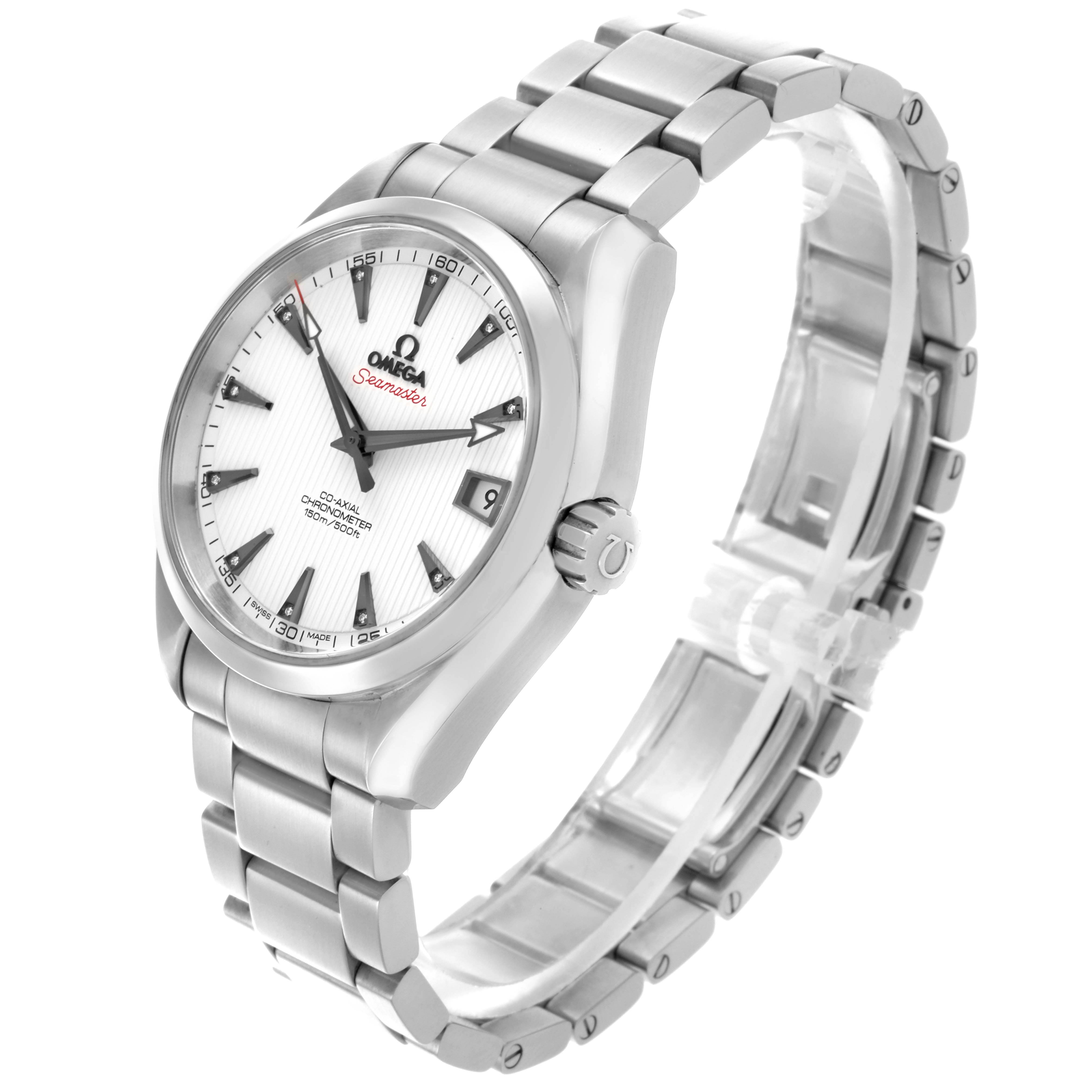 The Omega Seamaster watch is shown from a front-right angle, highlighting the face, bezel, bracelet, and crown.