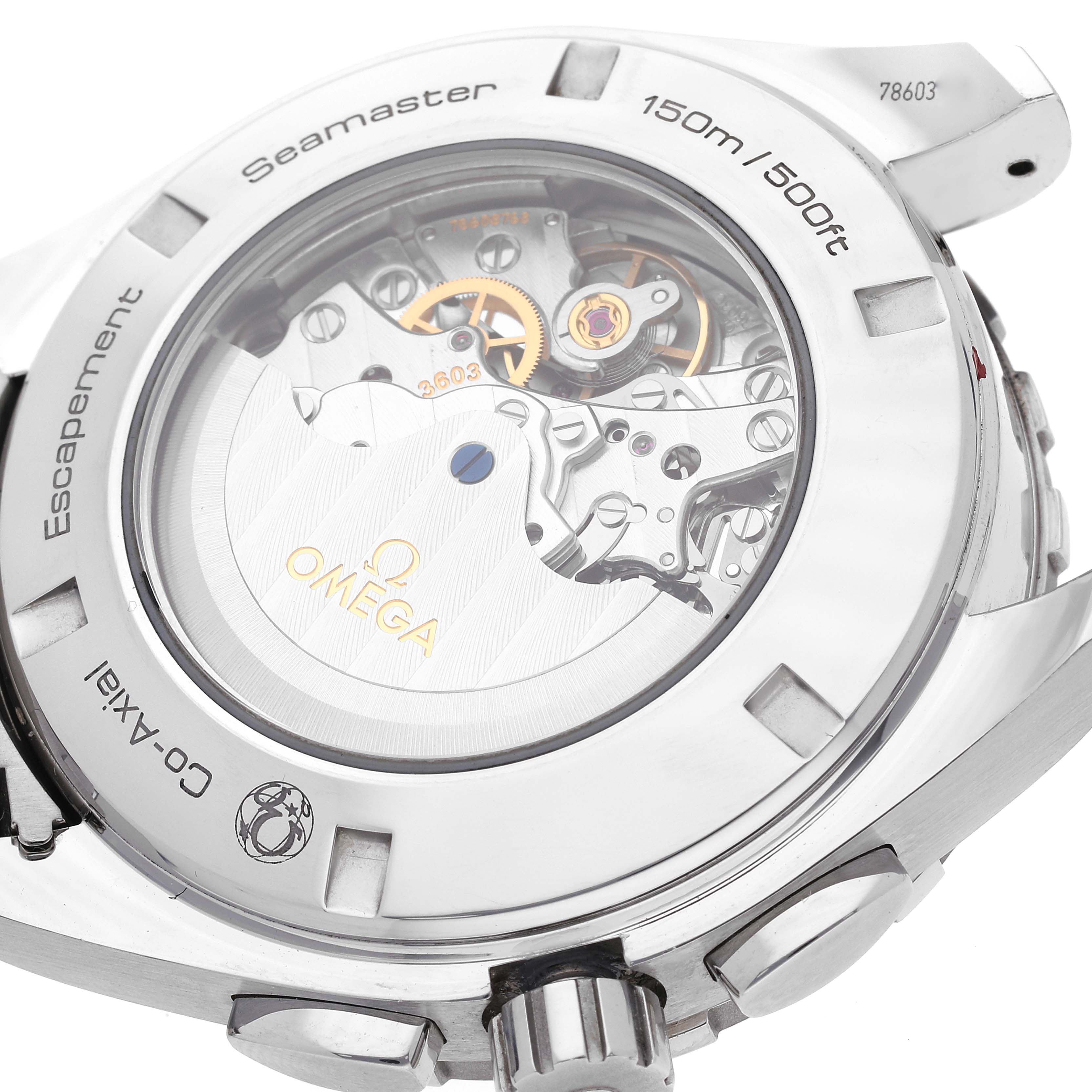 The image shows the back view of an Omega Aqua Terra 231.13.44.52.06.001 Men's Stainless Steel Black Dial 231.13.44.52.06.001 Men's Stainless Steel Black Dial watch, highlighting its internal mechanism and engravings.