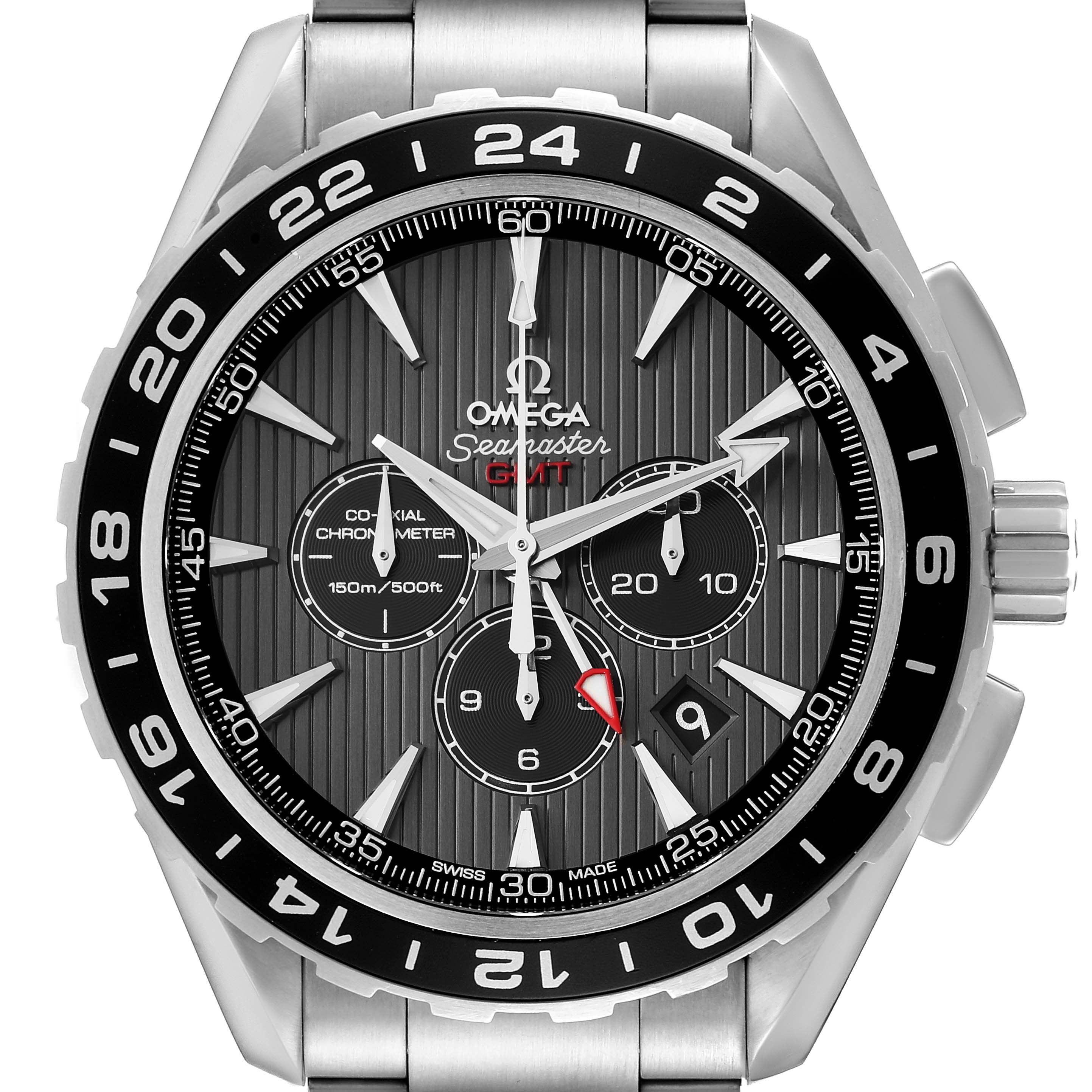 The image shows a front view of the Omega Seamaster Aqua Terra watch, highlighting the bezel, face, and dial markings.