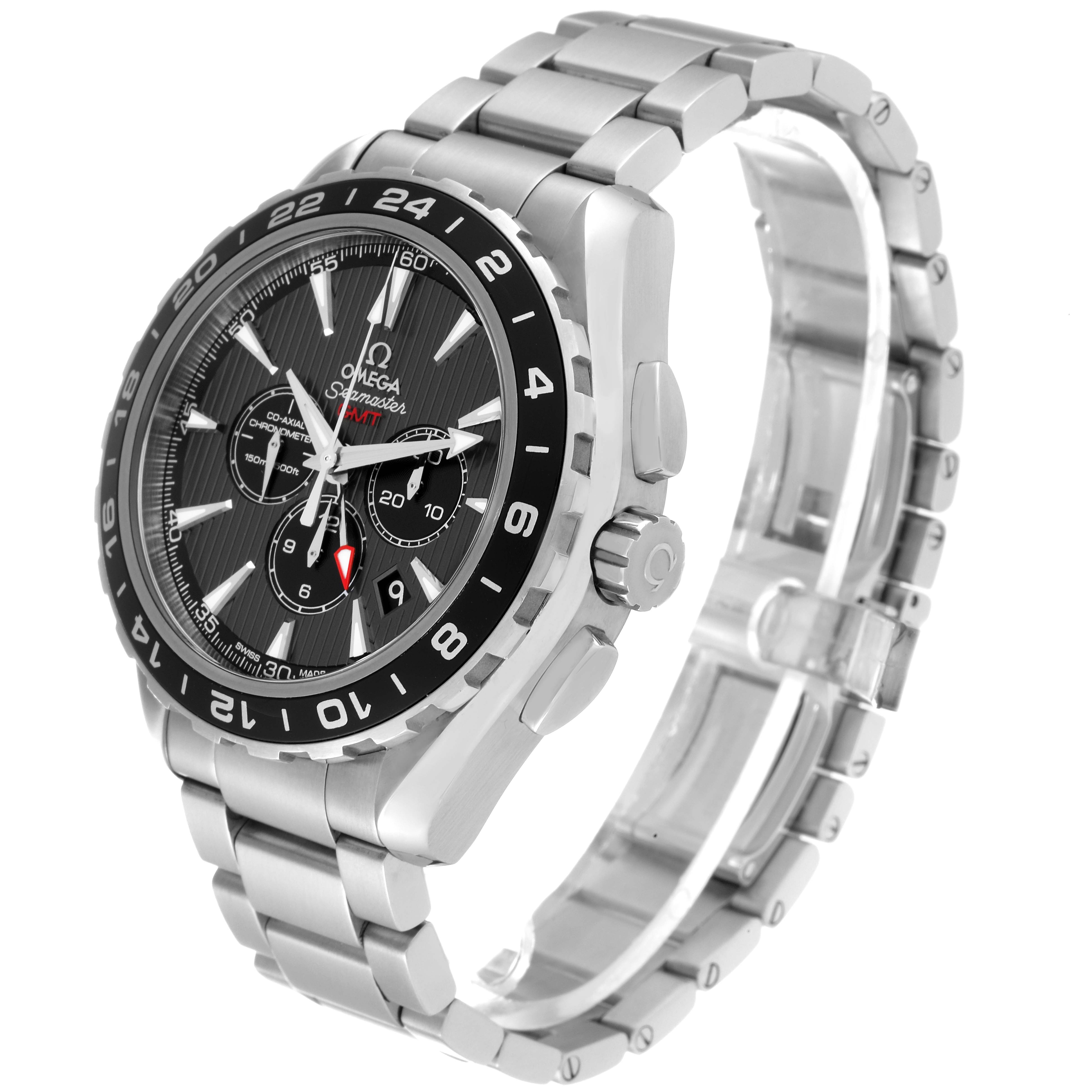 This image shows an Omega Aqua Terra 231.13.44.52.06.001 Men's Stainless Steel Black Dial 231.13.44.52.06.001 Men's Stainless Steel Black Dial watch at a three-quarter angle, displaying its face, bezel, bracelet, and crown.