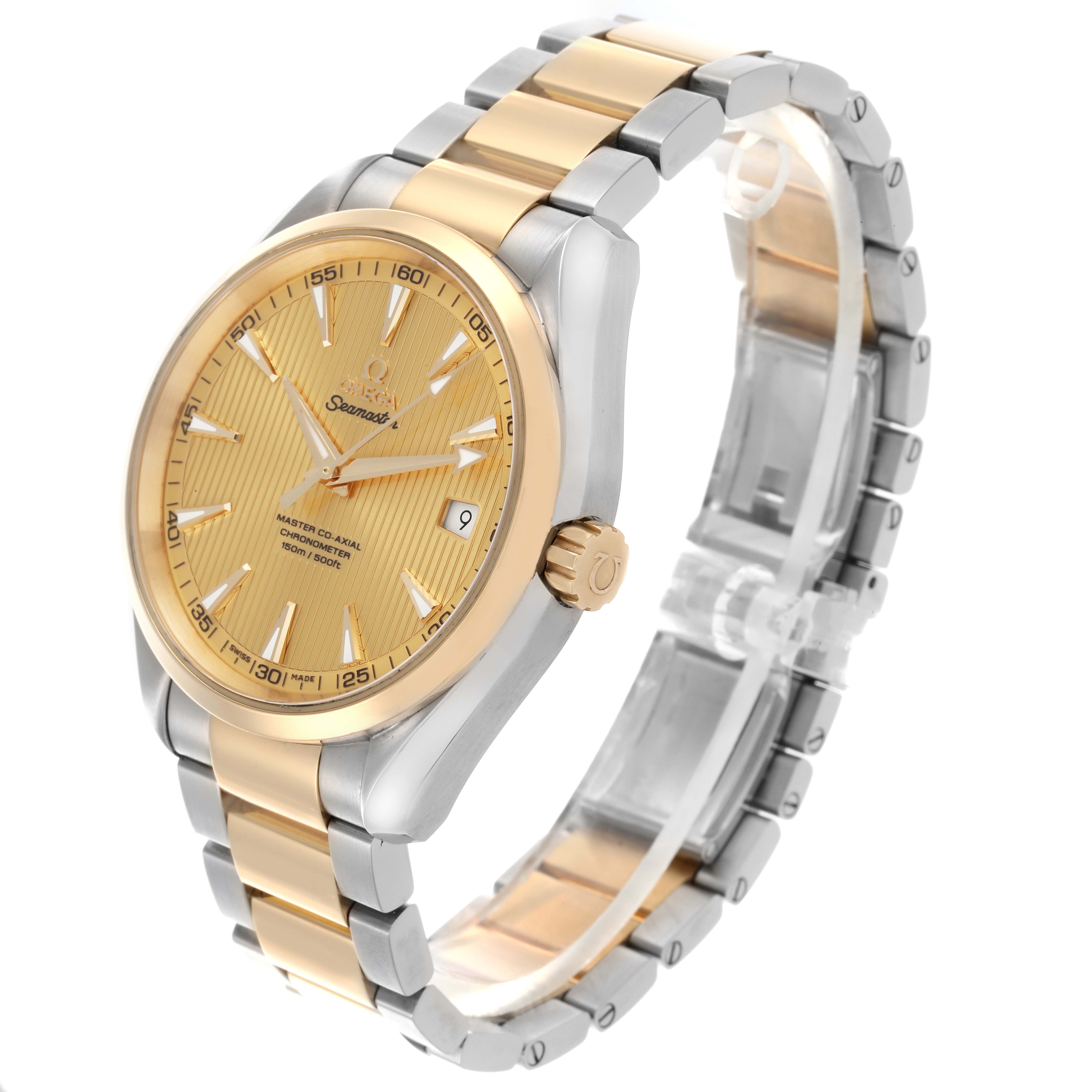 The Omega Seamaster watch is shown at a three-quarter angle, highlighting the gold face, bezel, crown, and two-tone bracelet.